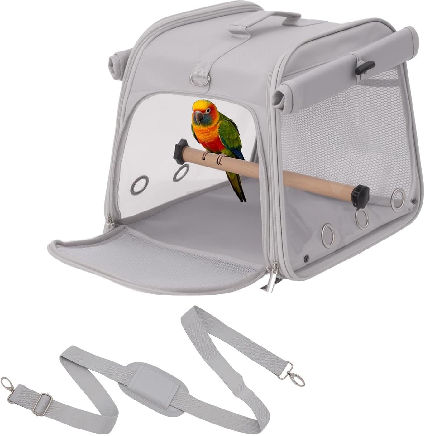 Jaula de viaje para pájaros pequeños, bolsa portátil con perchas de pie para loros, mochila transpirable para pájaros con ventana transparente para periquitos, cacatúas, periquitos, color gris