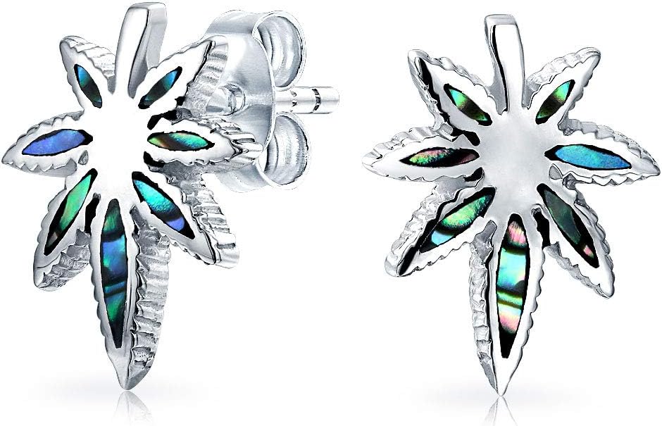 Rainbow Iridescent Inlay Abalone Shell Weed Marijuana Leaf Stud Earrings Western Jewelry For Women .925 Sterling Silver Lever Back
