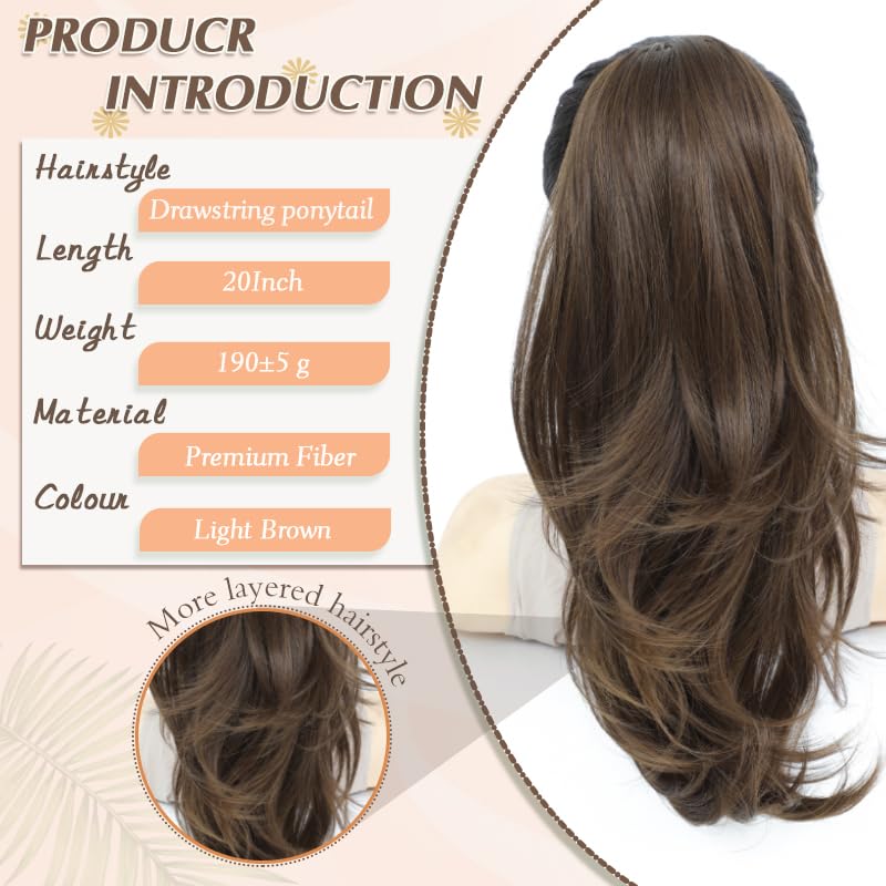 Nexyshe Ponytail Extensions Drawstring Ponytails Hair Extensions 20inch Wavy High Layered Pony Tail Hair Pieces for Women Big Base Hair Ponytail Extension for Ladies - Image 2