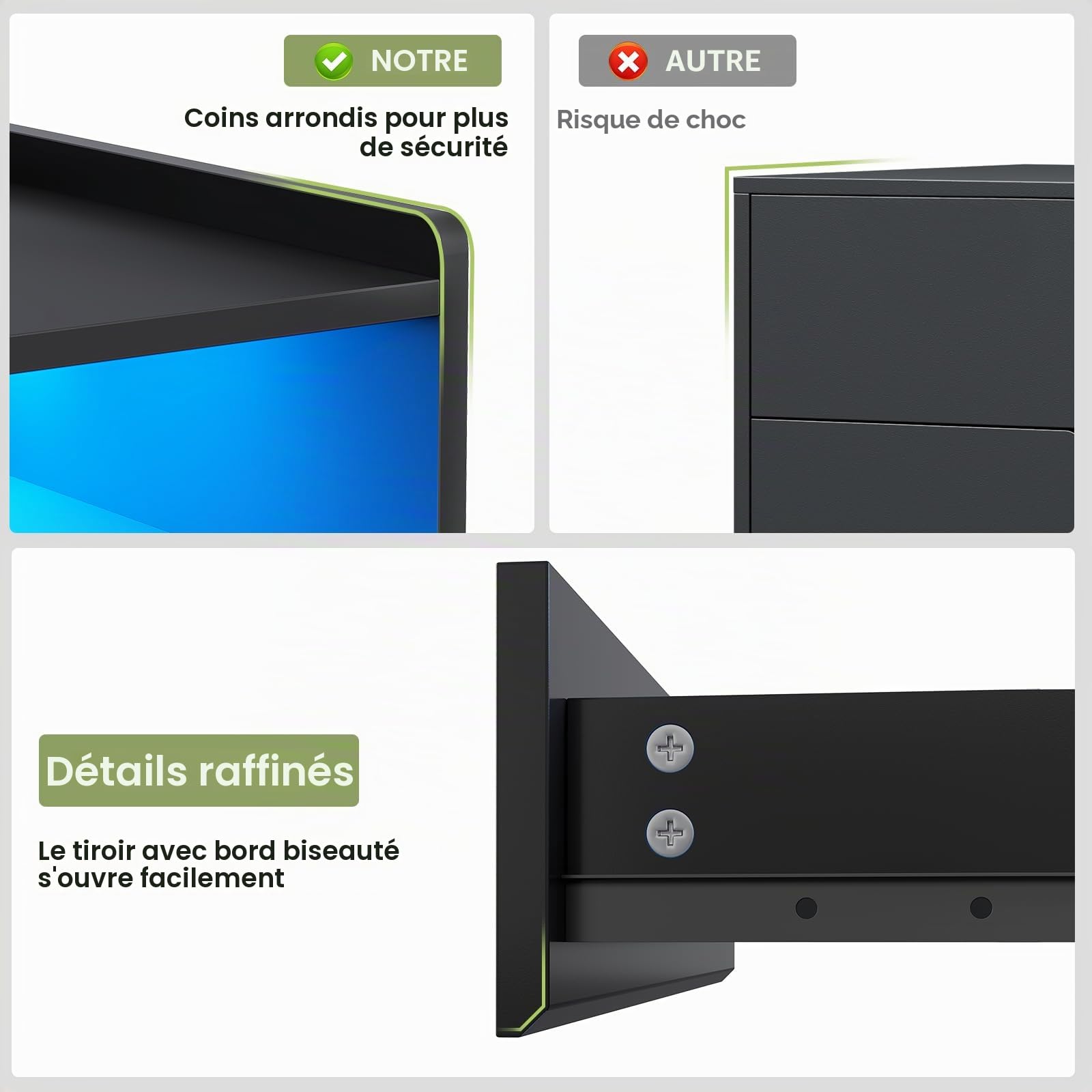 AOGLLATI Table de Chevet avec 2 Rubans LED et Multiprise,3 Tiroirs et 1 Compartiment Ouvert, pour Salon et Chambre, Table de Nuit Noire