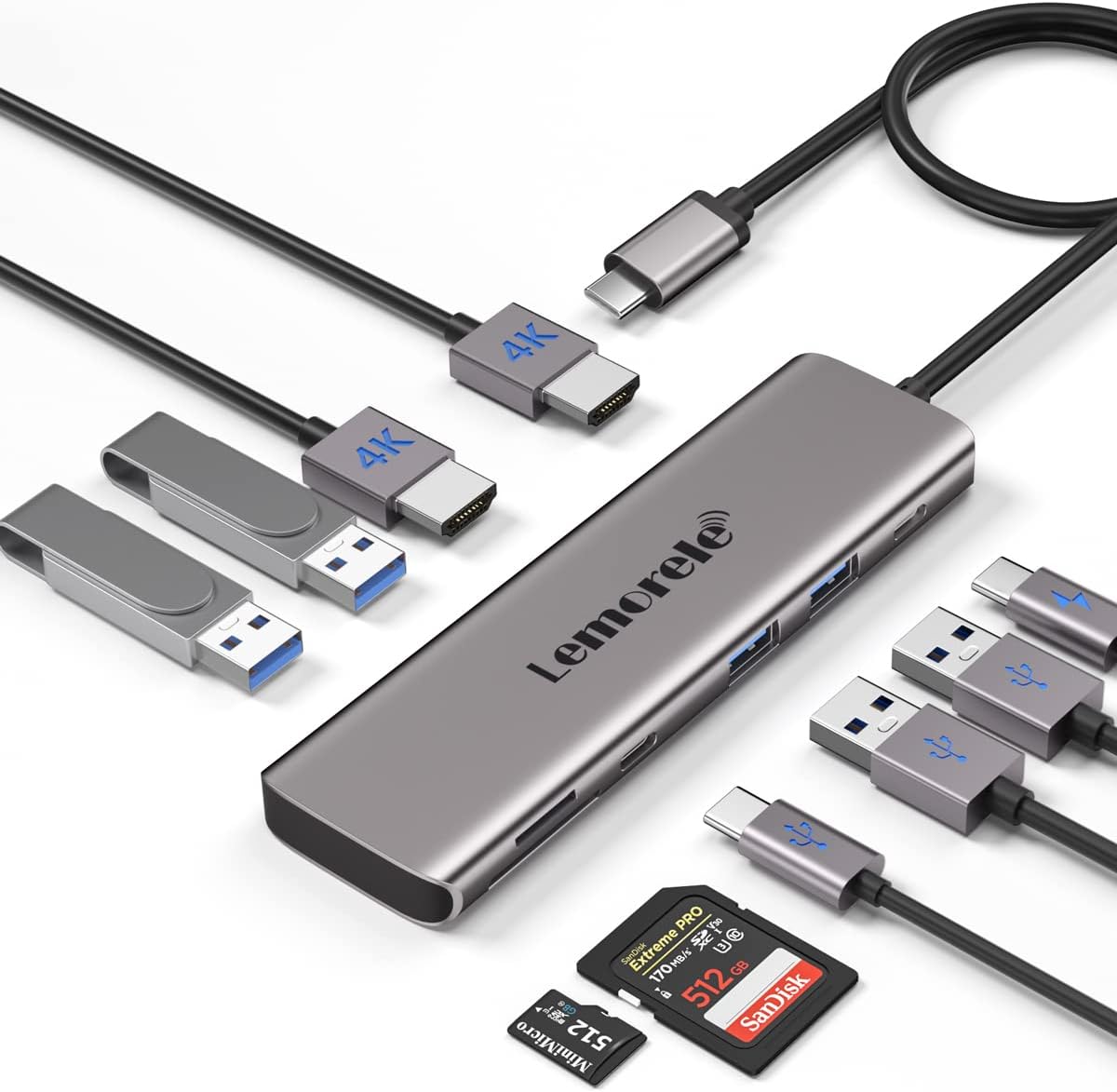 Lemorele10-in-1 USB C Docking Station Dual Monitors for Windows, USB C Adapter with Dual HDMI, 4 USB 3.0/2.0, 100W PD, USB-C Data, SD/TF for Dell XPS 13/15, Lenovo Yoga