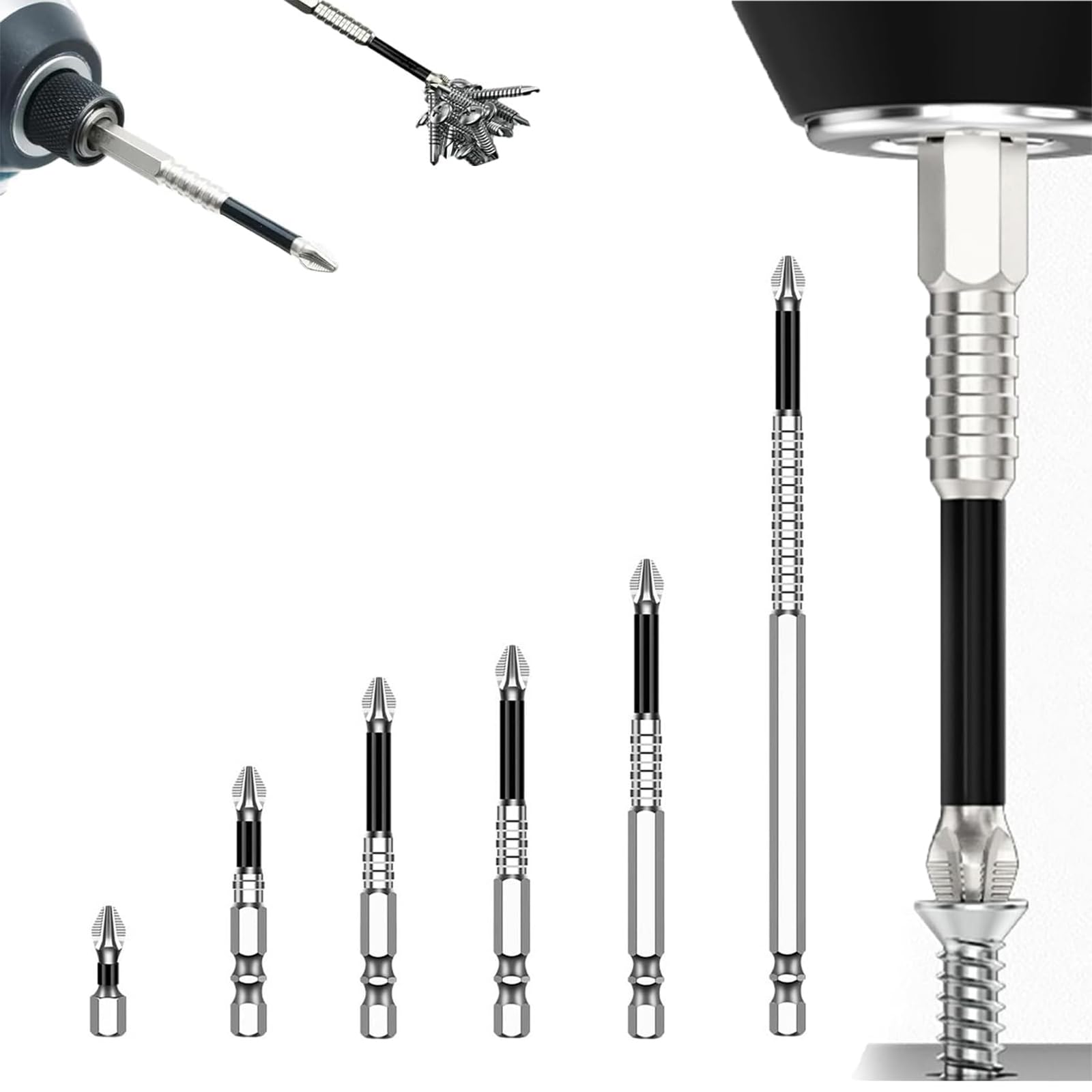 High Magnetic Screwdriver Drill Bit, Strong Magnetic Durability Screwdriver Drill Bit Set, Anti-Slip Magnetic Electric Screwdriver Set, Electric Precision Screwdriver Set, 25 50 65 70 90 150mm (6pcs)