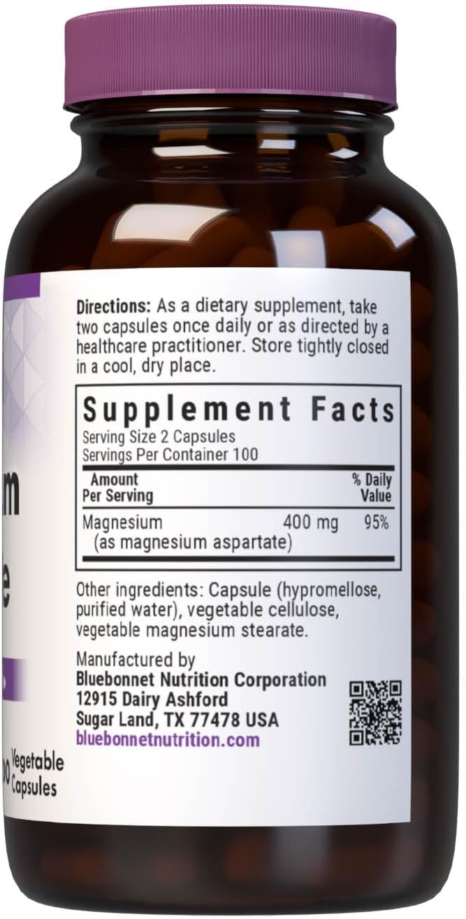 Bluebonnet Nutrition Magnesium Aspartate, Supports Healthy Magnesium Levels, Soy & Gluten & Dairy Free, Non-GMO, Kosher Certified, Vegan, 100 Servings, White, 200 Count