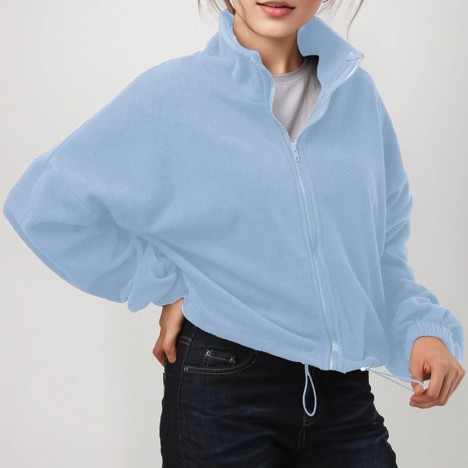 Ronony Women Coats Fall Oversized Cropped Sweatshirts Long Sleeve Zip Up Jackets Stand Collar Cozy Outwear Fashion Clothes - Image 5