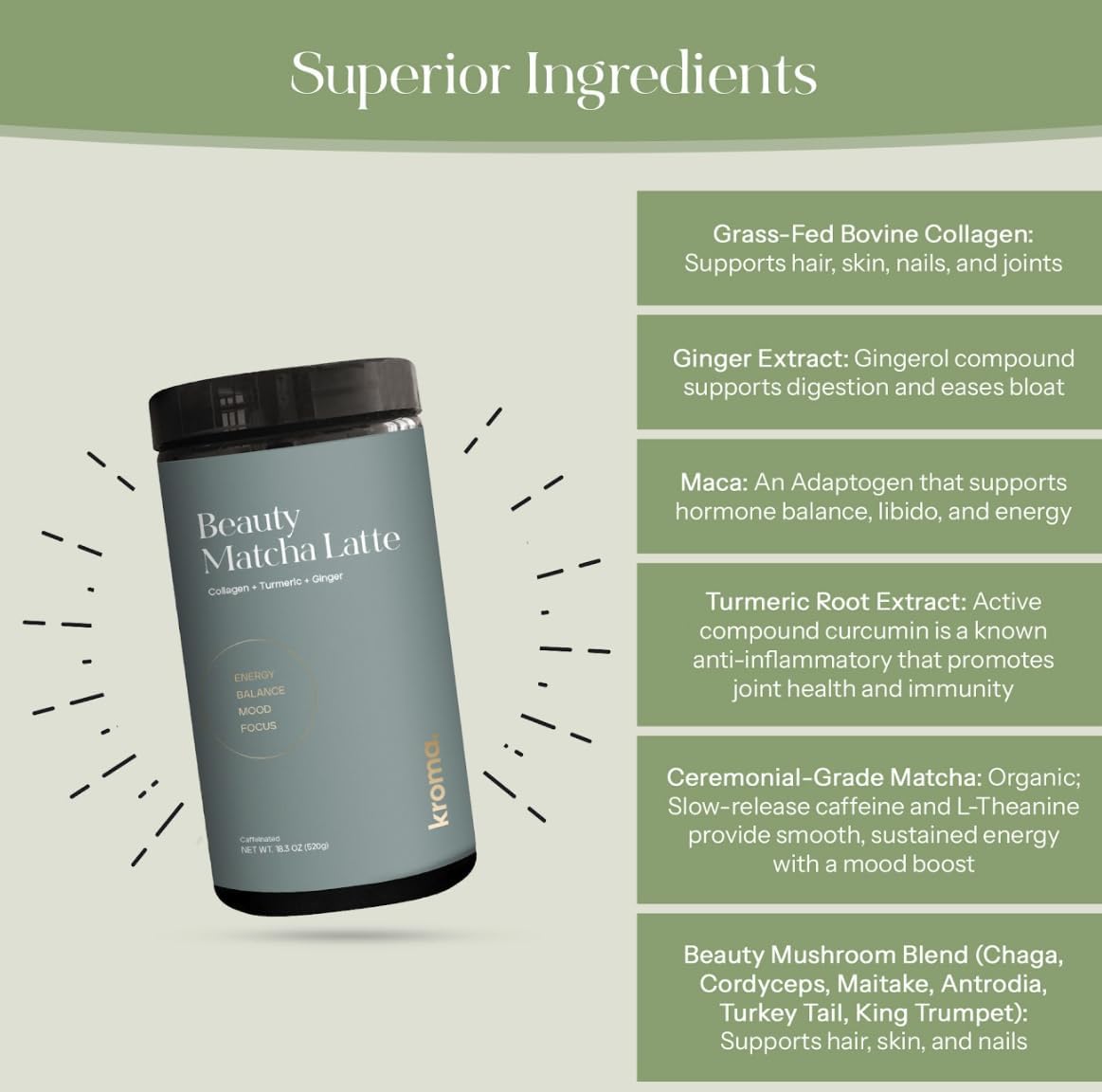 Kroma Beauty Matcha Latte Powder 17 75oz 503g 60 Servings Ceremonial Grade Japanese Matcha Green Tea with Collagen — view 6