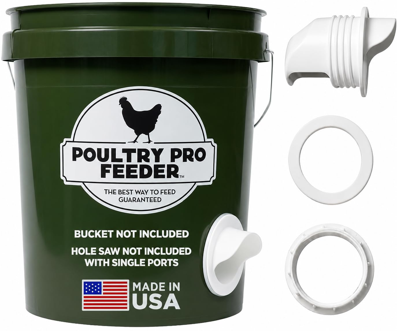 Poultry Pro Feeder Podajnik do kurczaków z PCW, grawitacyjny, pojedynczy, do wiader, beczek, pojemników, koryt, odporny na deszcz, warunki atmosferyczne, bez odpadów