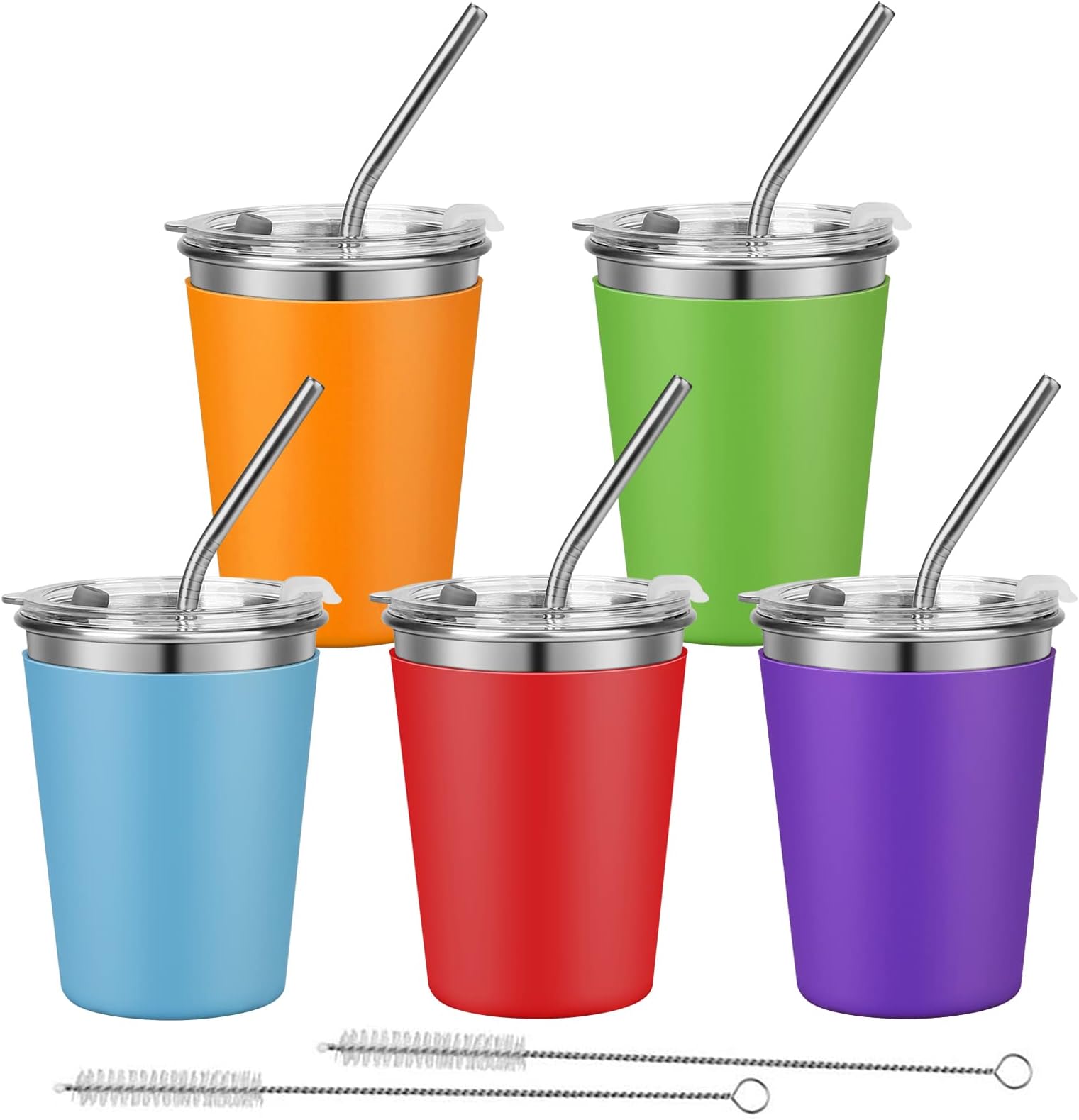 Kids Cups with Straws, 12oz Stacking Cups with 5 Colorful Silicone Sleeves for Hot & Cold Drinks, Unbreakable Stainless Steel Cups with Lids and Straws for Adults and Children