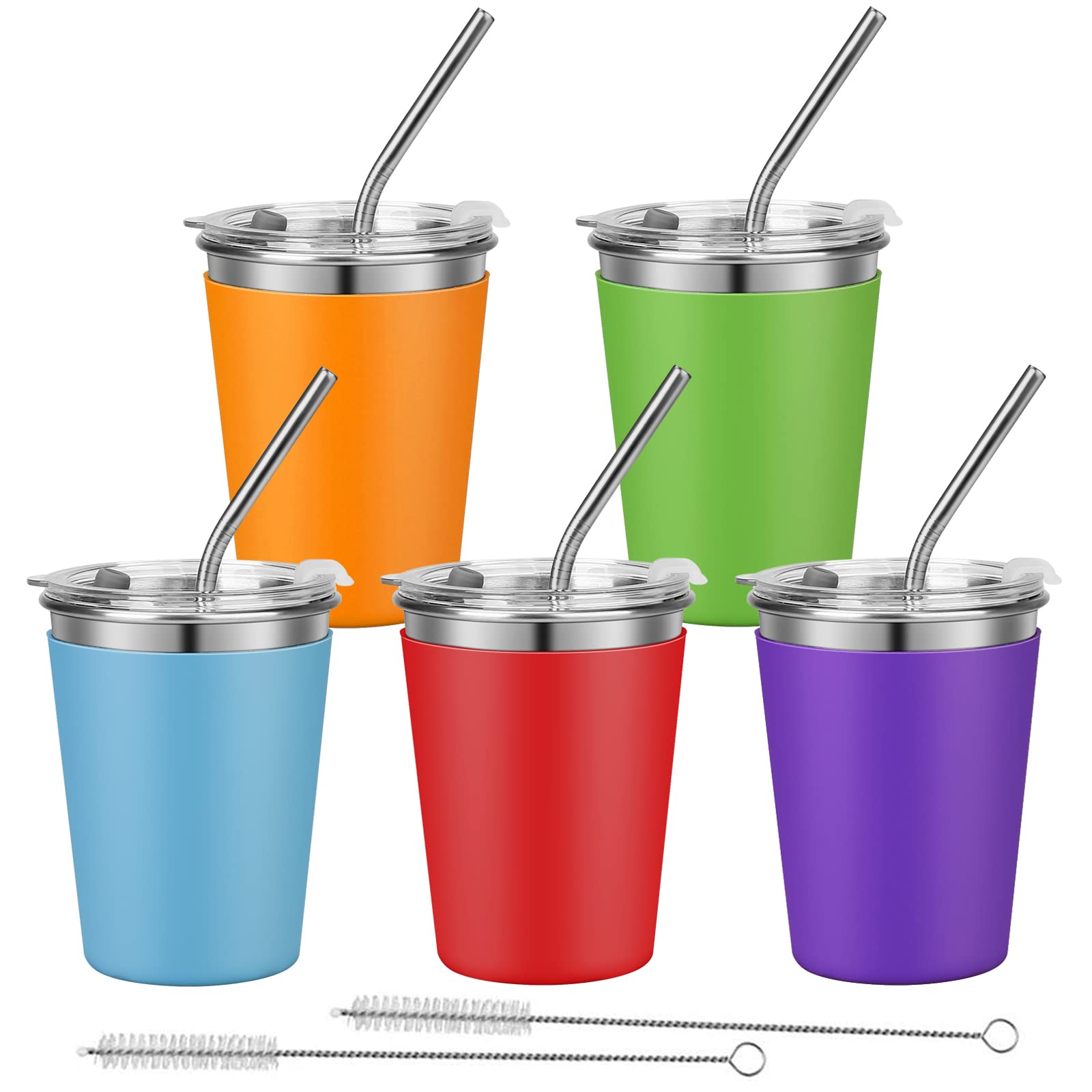 Kids Cups with Straws, 12oz Stacking Cups with 5 Colorful Silicone Sleeves for Hot & Cold Drinks, Unbreakable Stainless Steel Cups with Lids and Straws for Adults and Children