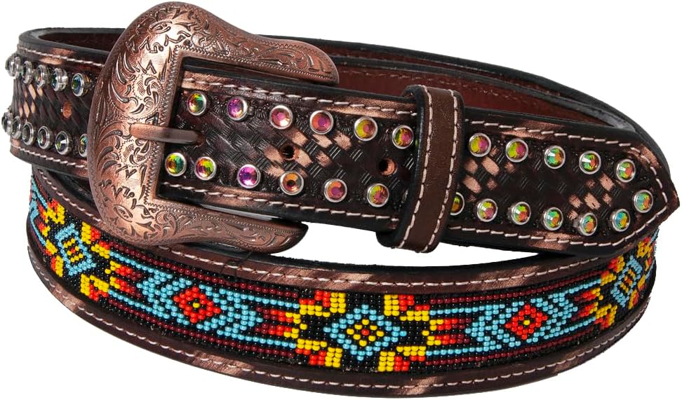 Beaded Crystal Basket Tooled Hand Carved Western Leather Men & Women Belt Unisex Carving Antique Brown