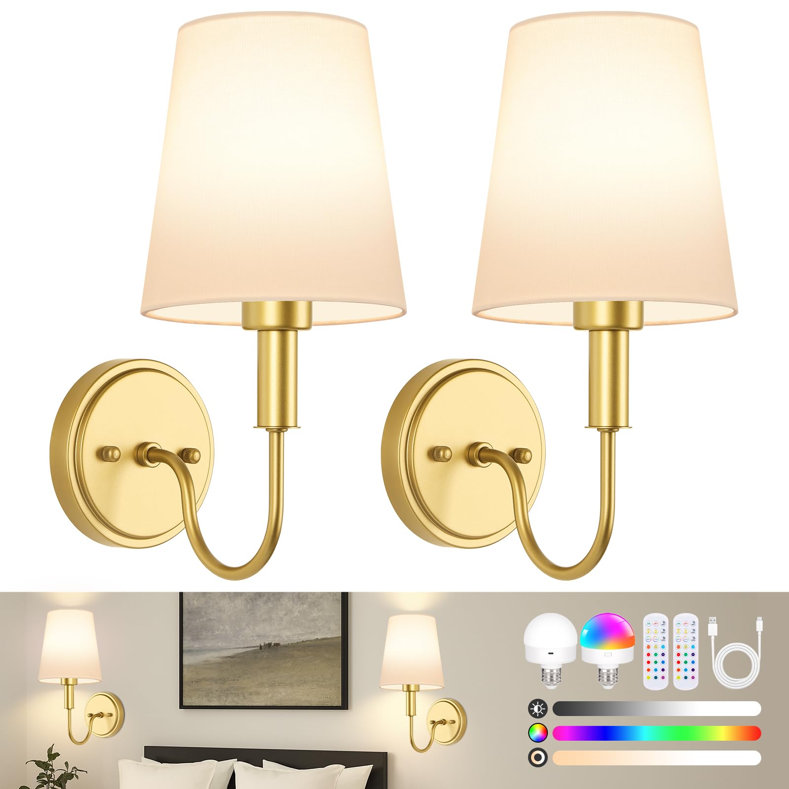 Wireless Rechargeable Wall Sconce, Battery Operated Wall Lights with Remote, Wall Lamps with Dimmable RGB LED Bulbs, No Wiring Gold Sconces Wall Decor