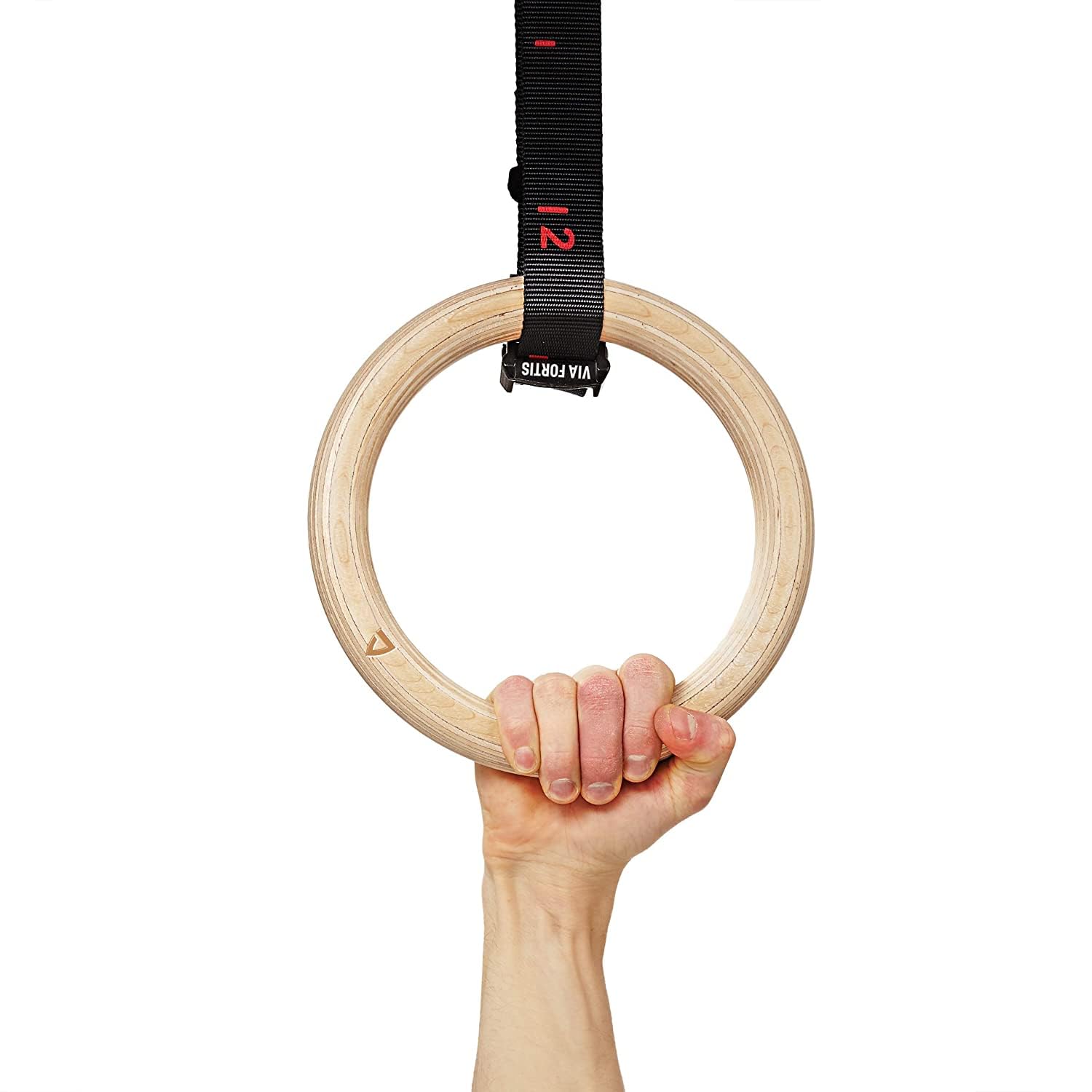 VIA FORTIS Anneaux de Gymnastique Premium en Bois avec Sangles, Sac et Guide d'Entraînement - Anneaux de Gym pour Calisthenics & Crossfit - Version de Compétition - Sangles Extra Larges avec Repères