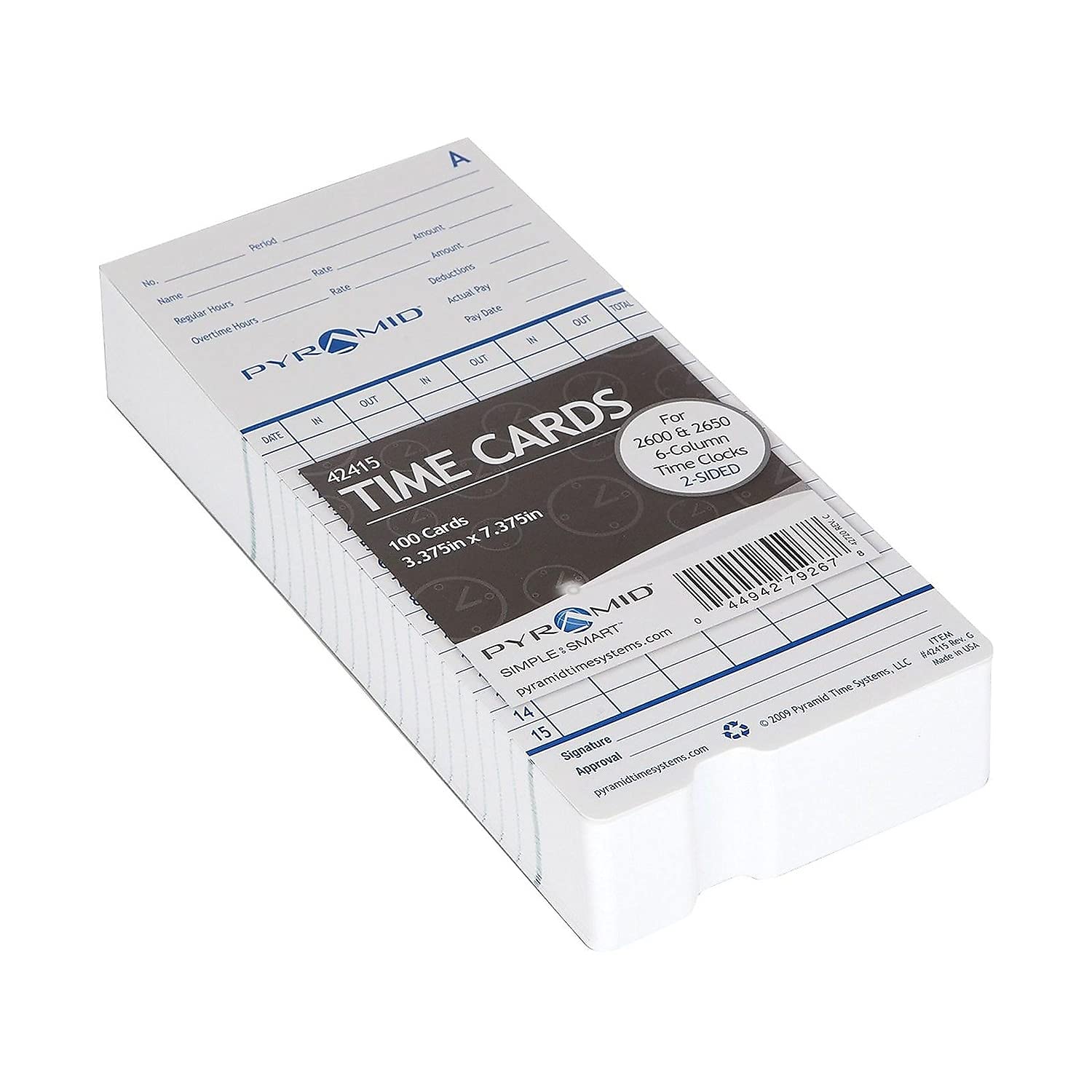 Genuine and Authentic Spanish Time Cards (42415S) for Pyramid Models 2500, 2500k1, 2660 and 2600 Time Clocks, Two Sided Time Sheets with 3.38" W x 7.44" H - 100 Time Cards