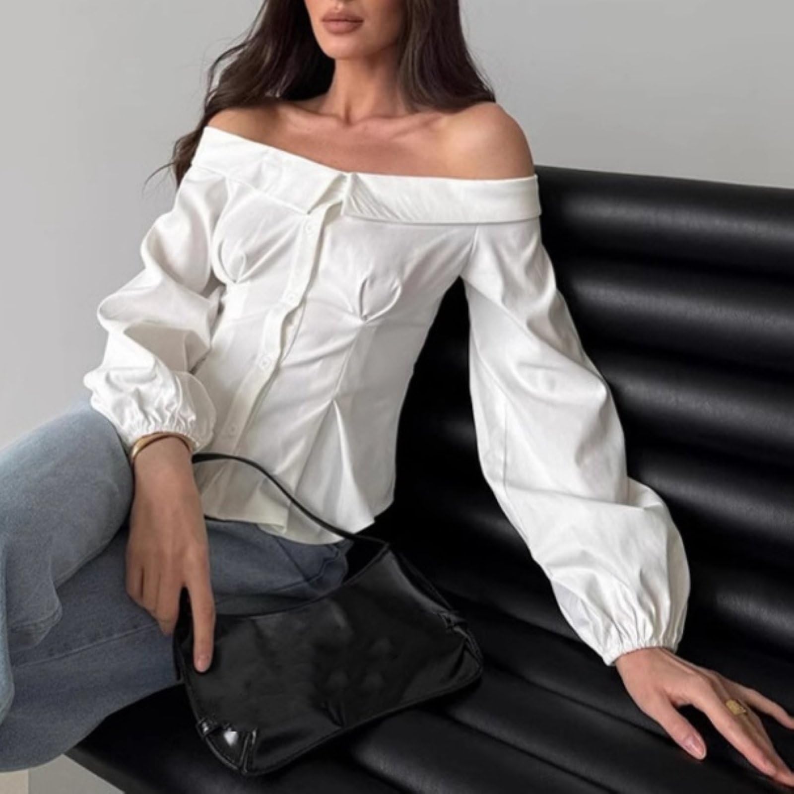 Damskie Seksowne Topy Z Odkrytymi Ramionami SkłAdają Się Slim Fit Jednolity Kolor DłUgi RęKaw Eleganckie Bluzki WyjśCiowe