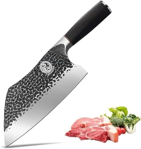 LONGQUAN Cuchillo de carnicero de forja de 7.7 pulgadas, cuchillo de chef chino multifunción con mango de madera, cuchillo de carnicero ultra