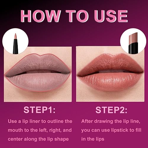 Vista 38 de Juego de 2 delineadores de labios y lápiz labial 2 en 1 mate rojo marrón para mujer, delineador de labios para uso diario y fiesta, de larga 2