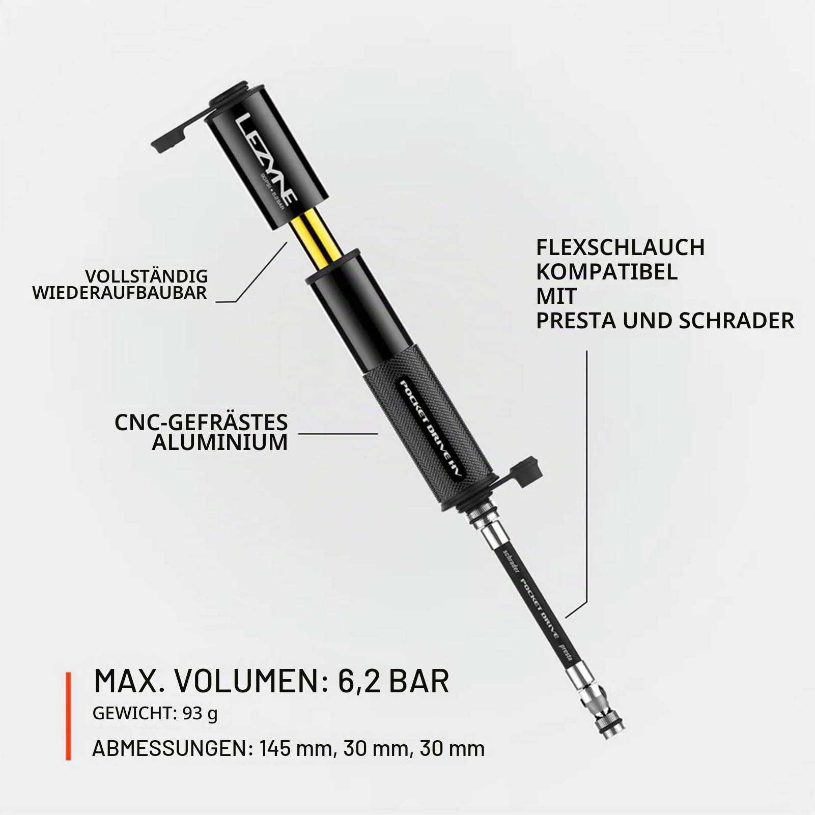 LEZYNE Pocket Drive HV Mini-Fahrrad-Handpumpe, hohes Volumen, 90 psi, Presta- und Scrhader-kompatibel, CNC-Aluminium, kompakt, Übergröße, tragbare Fahrradpumpe