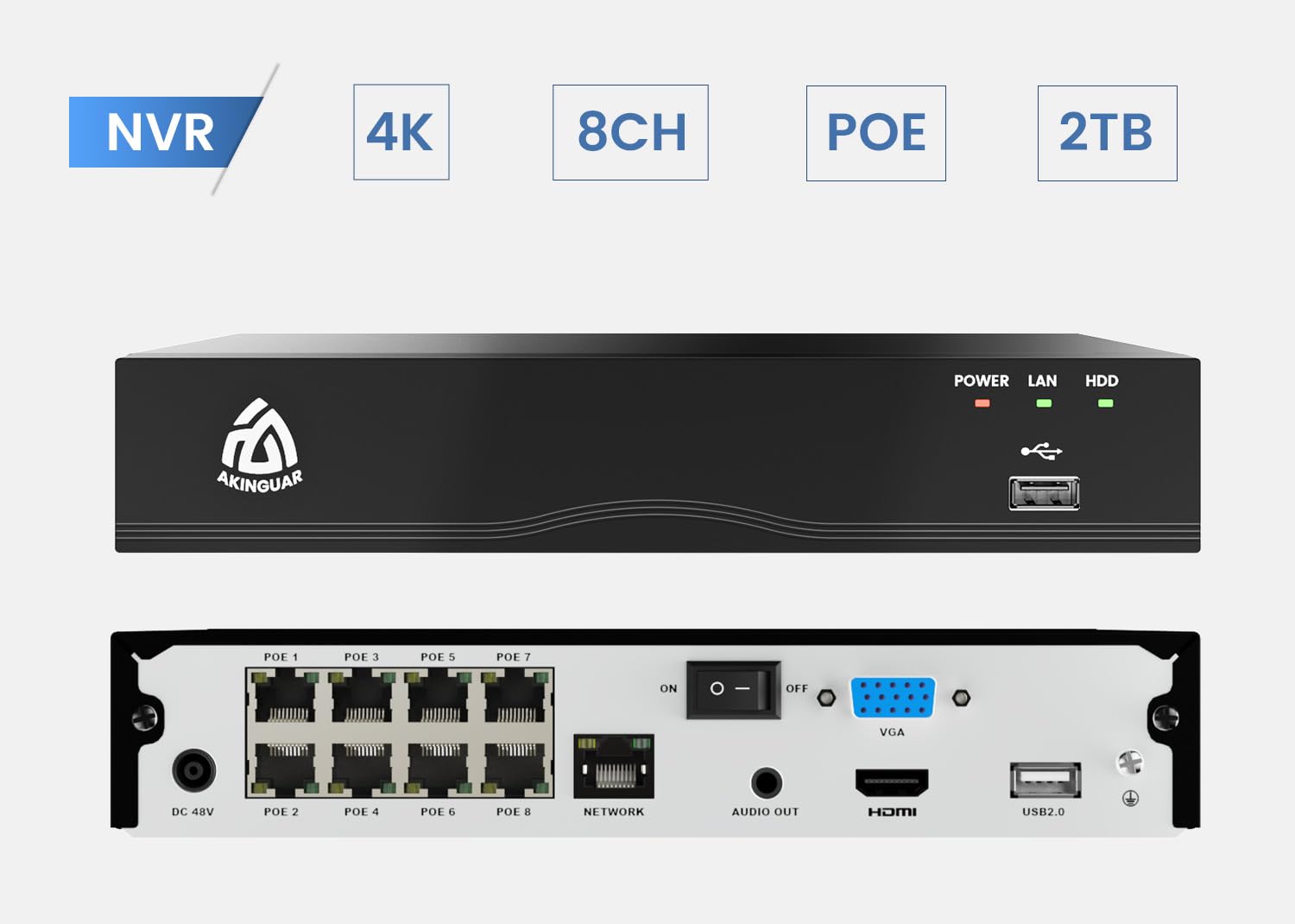 4K NVR PoE 8 Canali con 2TB HDD, Videoregistratore Cablato Supporta 8MP/5MP/1080P, Accesso Locale e Remoto, Videosorveglianza Registrazione 24/7, Compatibile Solo con PoE Telecamere Akinguar
