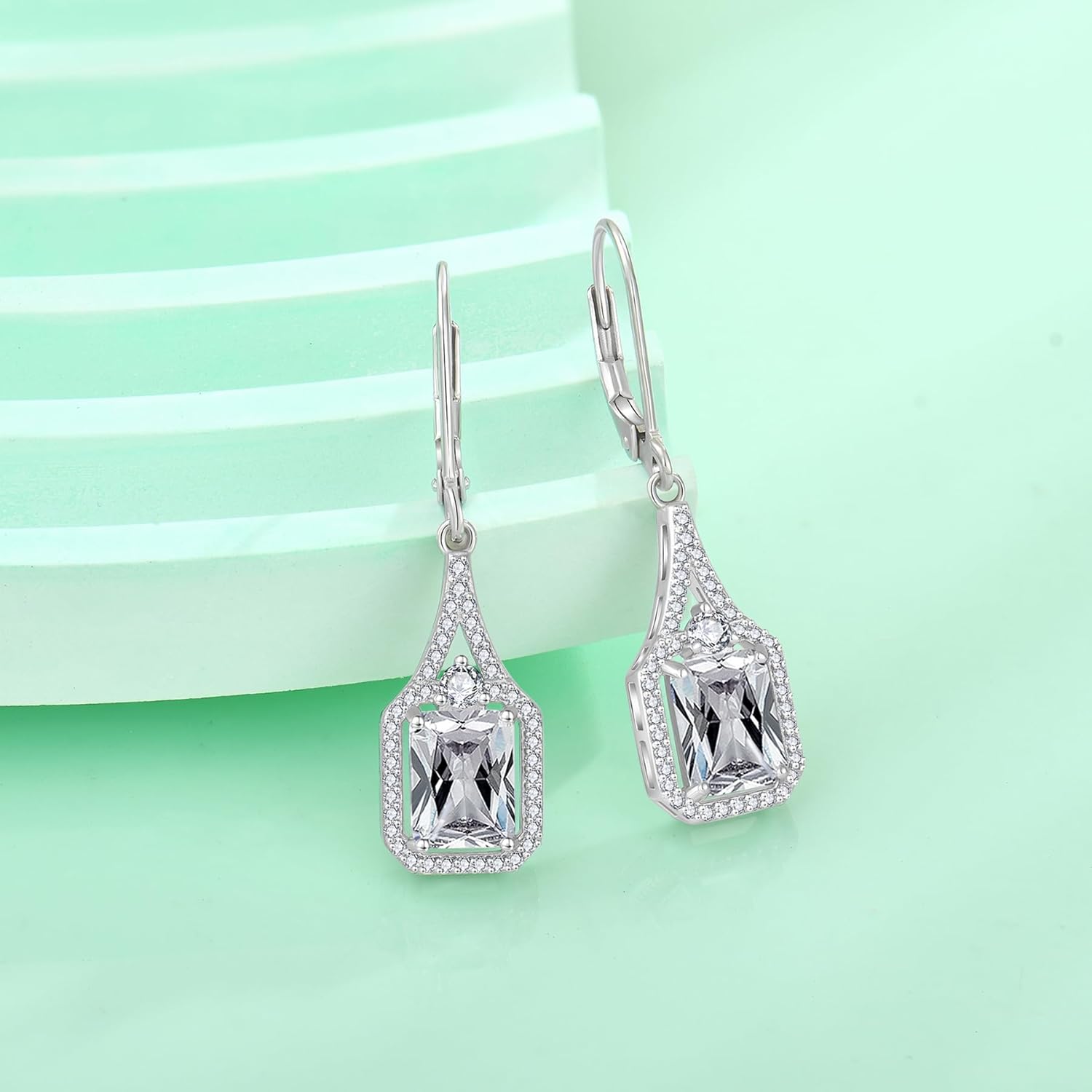 Emerald Cut Dangle Drop Earrings 925 Sterling Silver Halo Rectangular Leverback Earrings Birthstone Jewelry for Women - Image 4