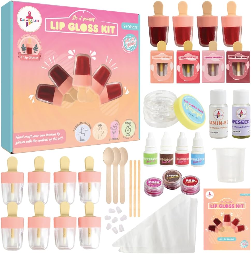 Kalakaram Make Your Own Lip Gloss Kit - Gifts for Girls Age 10-12 | Make 8 Lip Gloss With Nourishing Vitamin E & GrapeSeed Oil, Colour Pigments, Fun And Engaging Craft Activity Kit For Kids