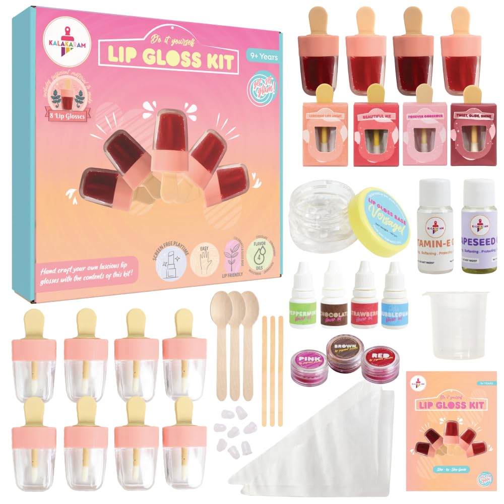 Kalakaram Make Your Own Lip Gloss Kit - Gifts for Girls Age 10-12 | Make 8 Lip Gloss With Nourishing Vitamin E & GrapeSeed Oil, Colour Pigments, Fun