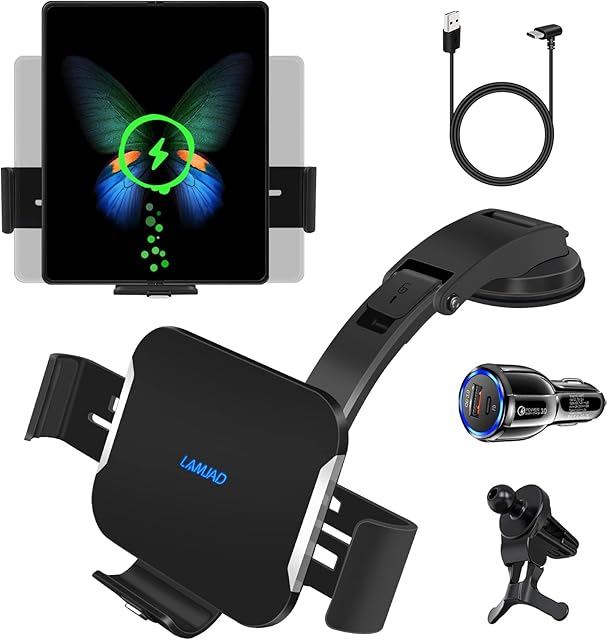 Dual Coils Fast Wireless Car Charger,LAMJAD 15W Smart Qi Car Mount Phone Holder for Air Vent&Dashboard,Compatible with Galaxy z Fold 5/4/3/2/13 Series/8/X/11/12/Pixel 6,with PD3.0 Car Charger