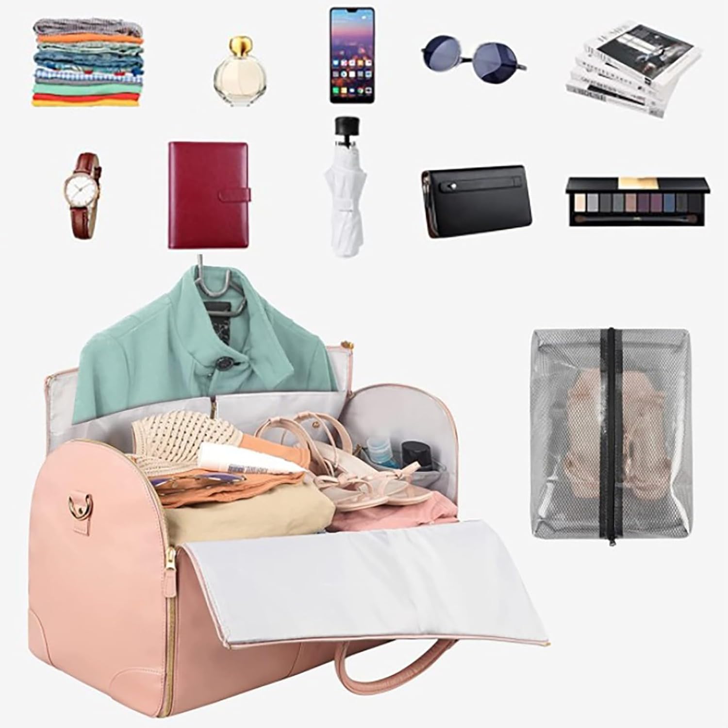 Carry On Garment Bag, Large PU Leather Duffle Bag for Women, Waterproof Garment Bags for Travel with Shoe Pouch, 2 in 1 Hanging Suitcase Suit Travel Bags, Gifts for Women (B)