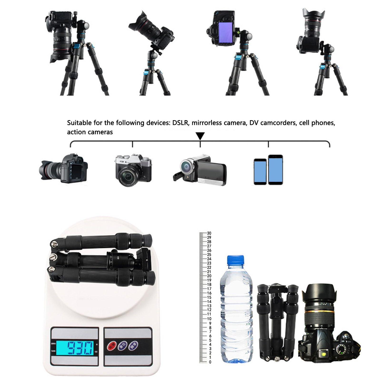 KIMISS Statyw do Aparatu Mini DSLR Statyw do Aparatu Stacjonarnego z Włókna Węglowego Wysuwany Otwór na śrubę 1/4 Cala z głowicą kulową 360° Płytki Arca QR Poziomica Kompatybilna z Monopodem