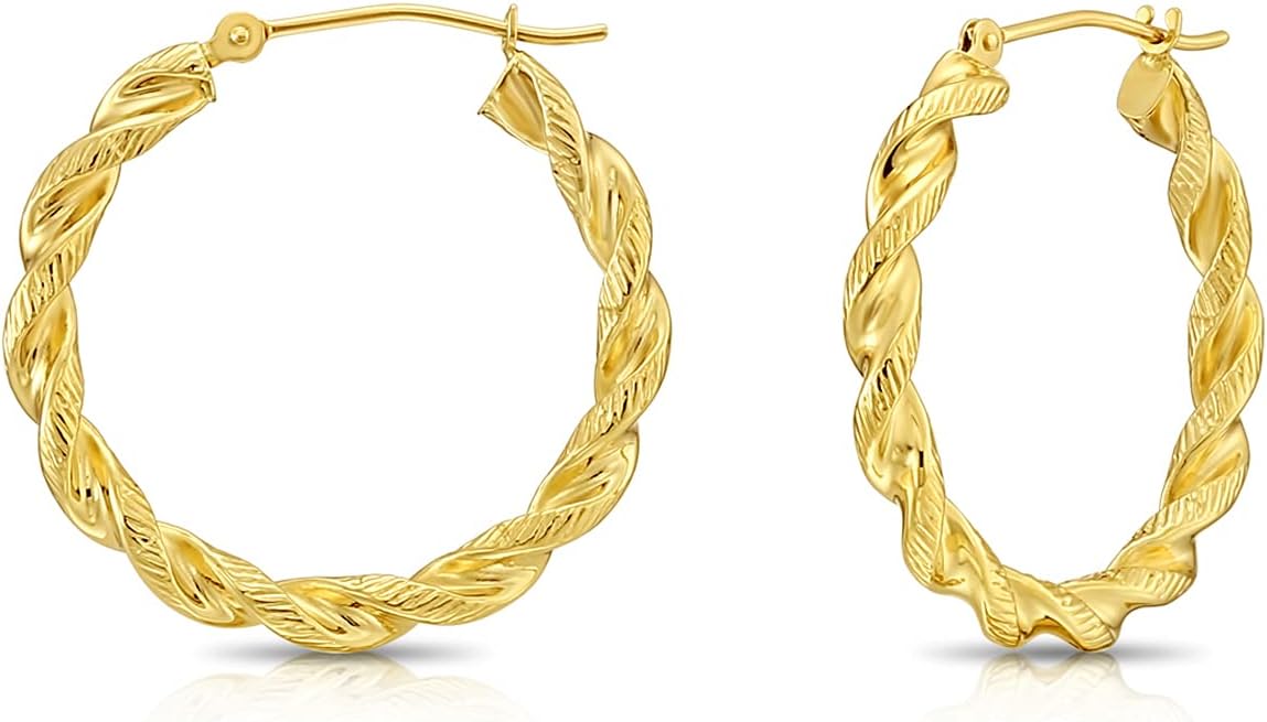 14k Gold Two-Tone Twisted Hoop Earrings for Women Teens Girls, 20mm, 25mm, Yellow Gold