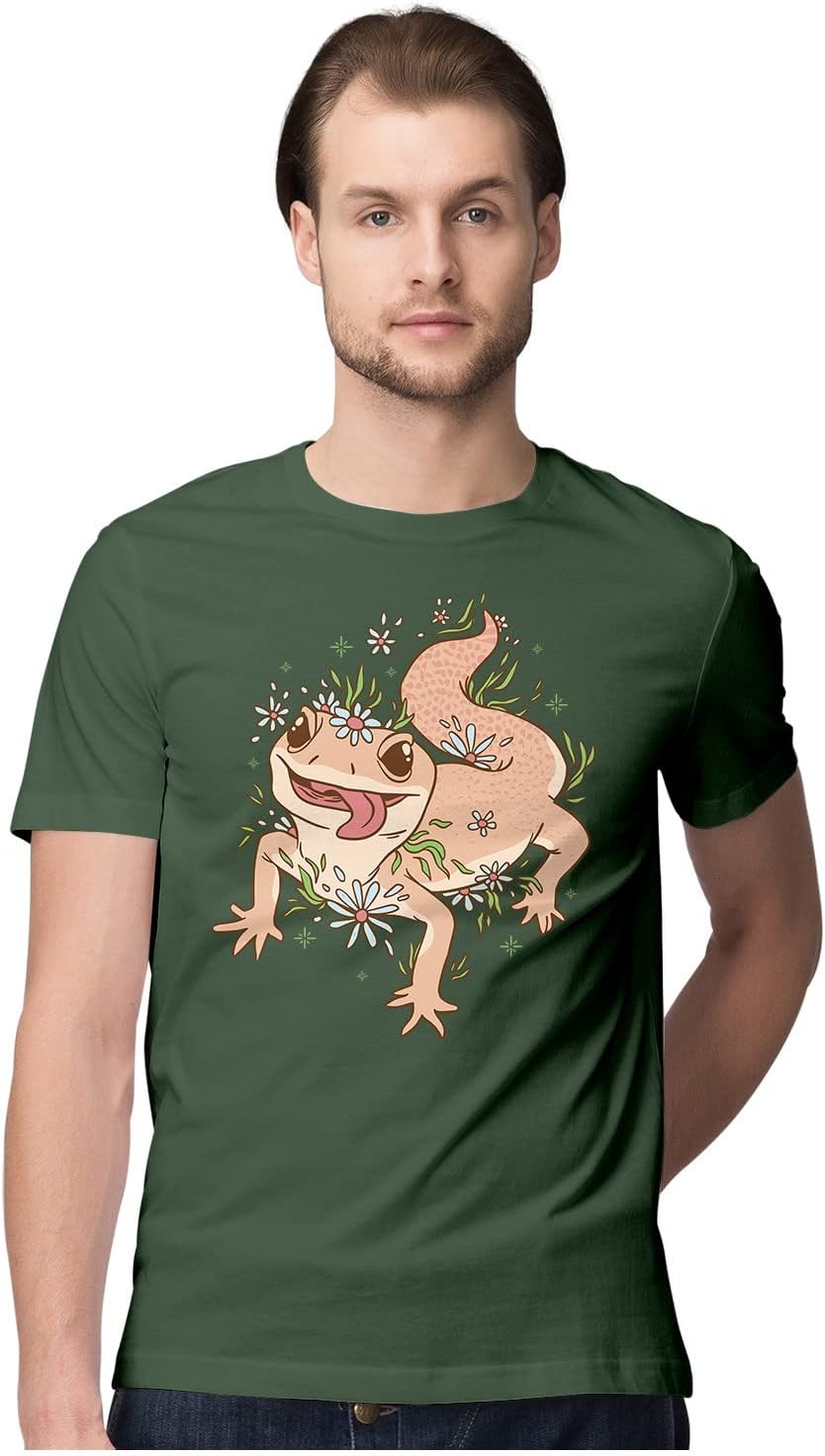 HeybrohMen's Regular Fit T-Shirt Gecko Lizard with Flowers 100% Cotton T-Shirt