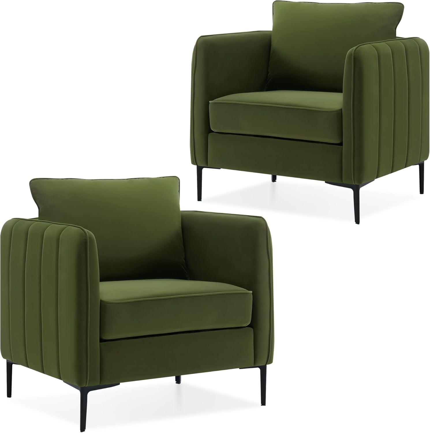 Olive Green Velvet Accent Chairs Set of 2, Modern Upholstered Accent Chair Comfy Velvet Armchair with Thick Cushion and Wood Frame, Single Sofa/Side Chair for Living Room Bedroom Office
