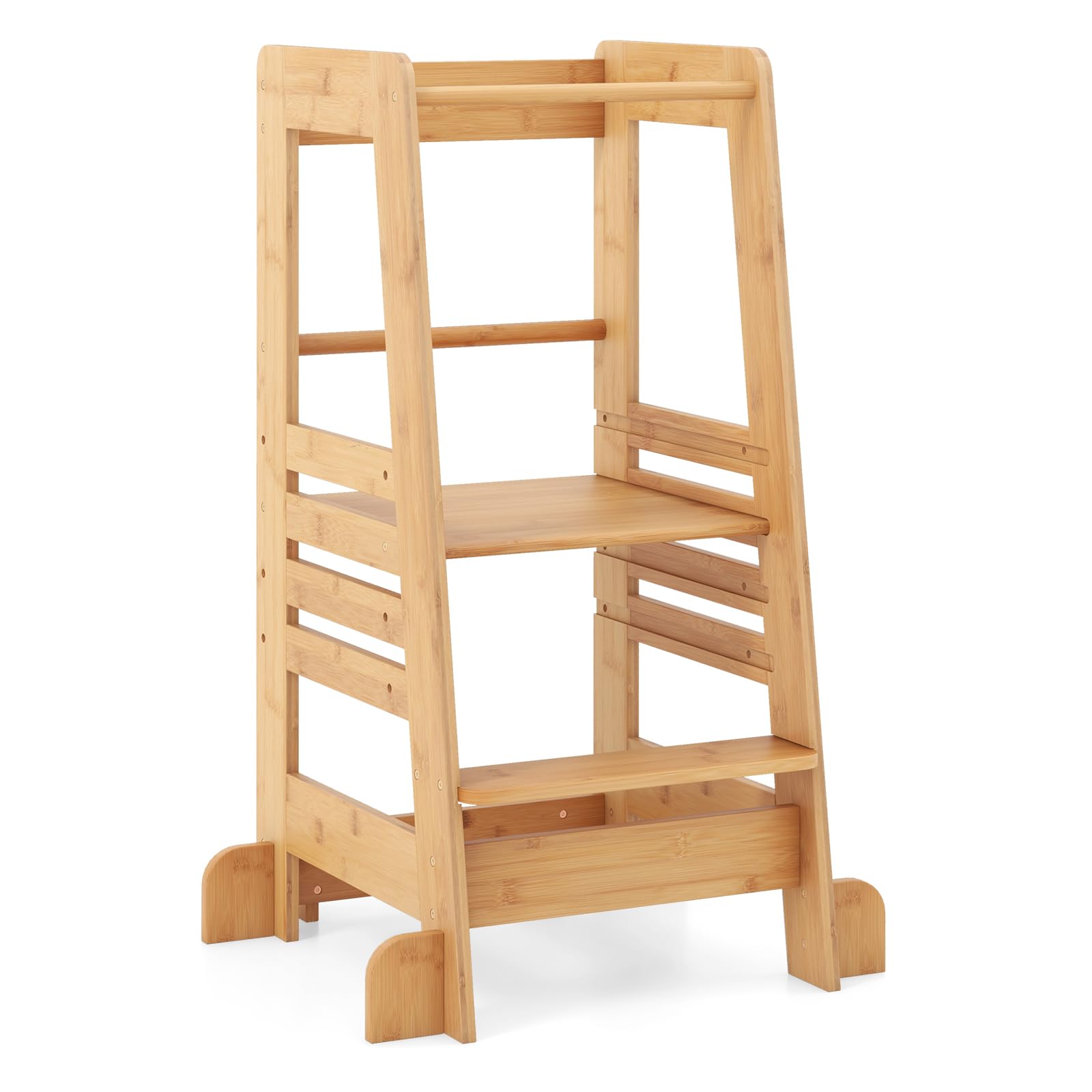 GYMAX Taburete para niños, Soporte de Cocina de bambú con Plataforma Ajustable en Altura y riel de Seguridad, Torre de Aprendizaje de Madera para baño, guardería