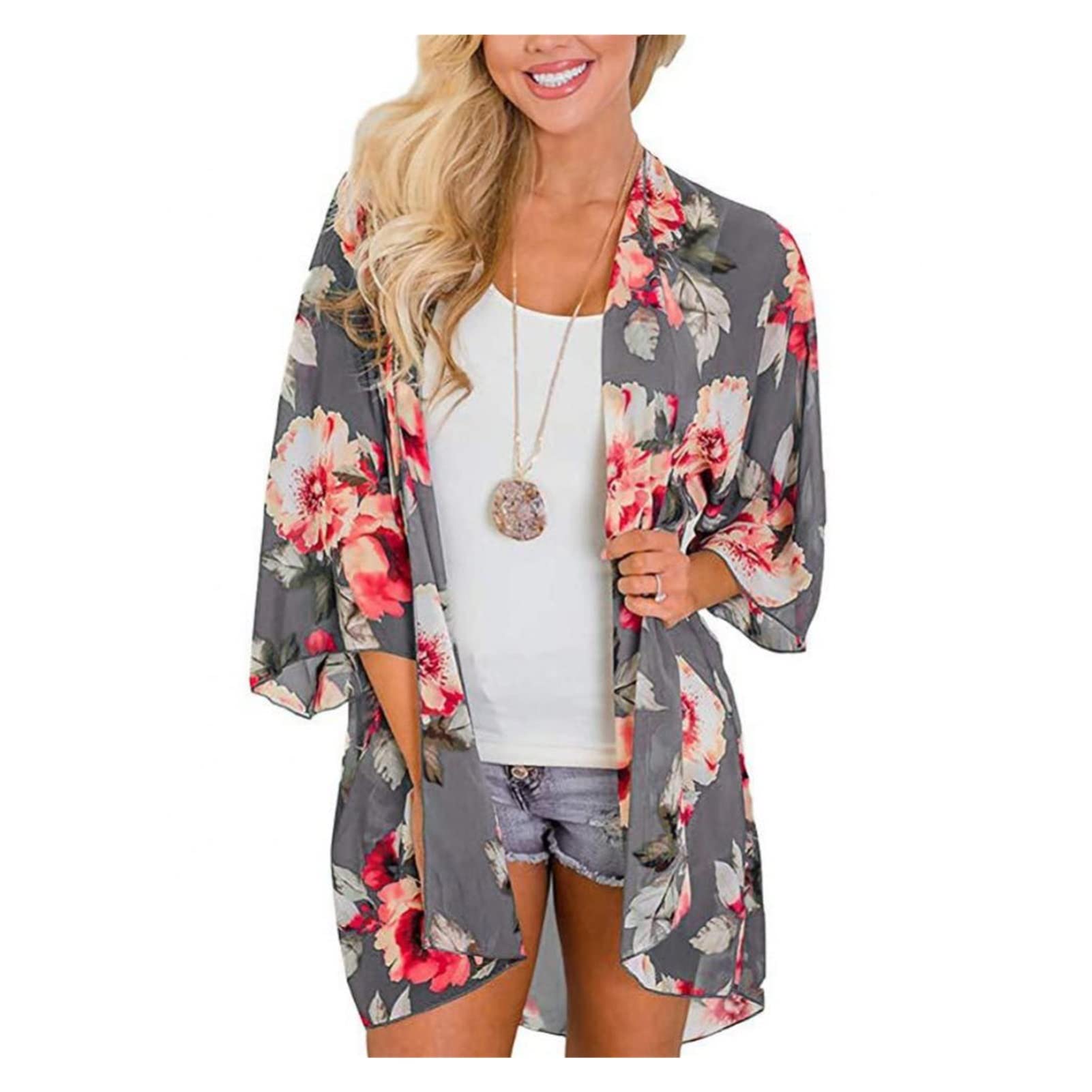 ZZSRJ Mesdames Floral Léopard Imprimer à Demi-Manches châle Kimono Beach Cardigan Blouse Blouse enveloppe de la Plage (Color : Dark Gray, Taille : XL)