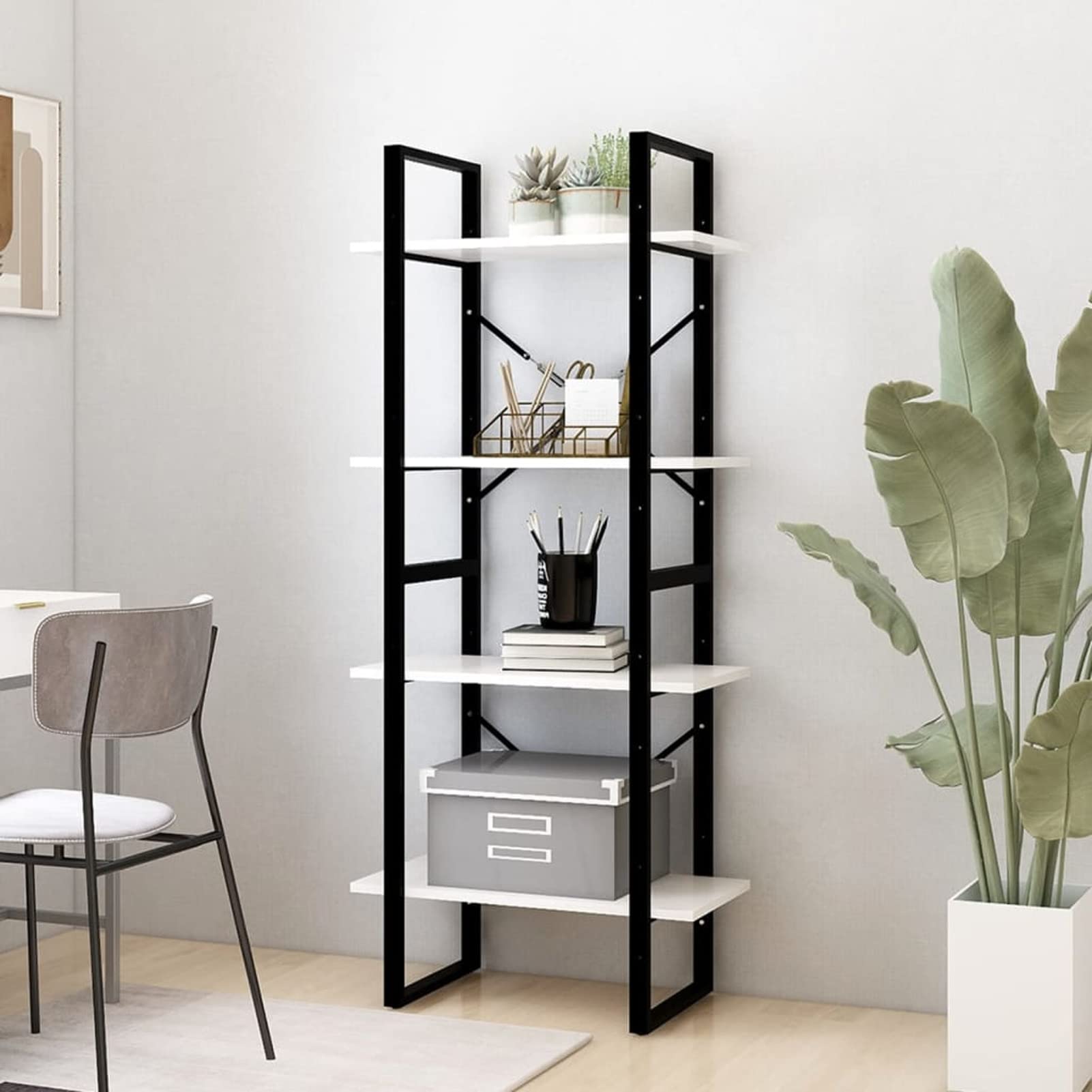 Tidyard Scaffalatura a 4 livelli, libreria, libreria, libreria, libreria, in stile industriale, per soggiorno, ufficio, legno massello di pino, bianco, 60 x 30 x 140 cm