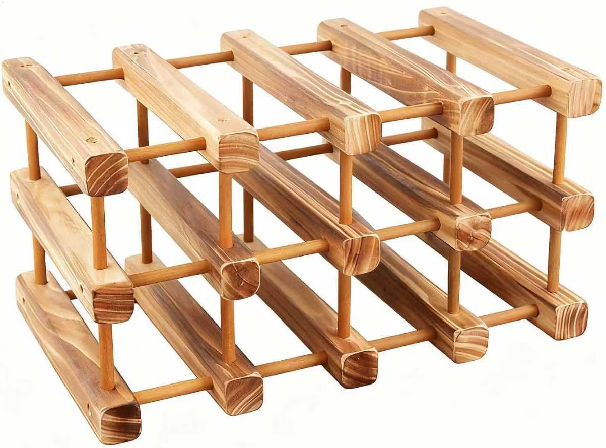 Wood Stackable Modular Wine Rack Holds 12 Bottles, Charcoal Color Natural Wood Wine Storage Holder (Charred, 12 Bottles)