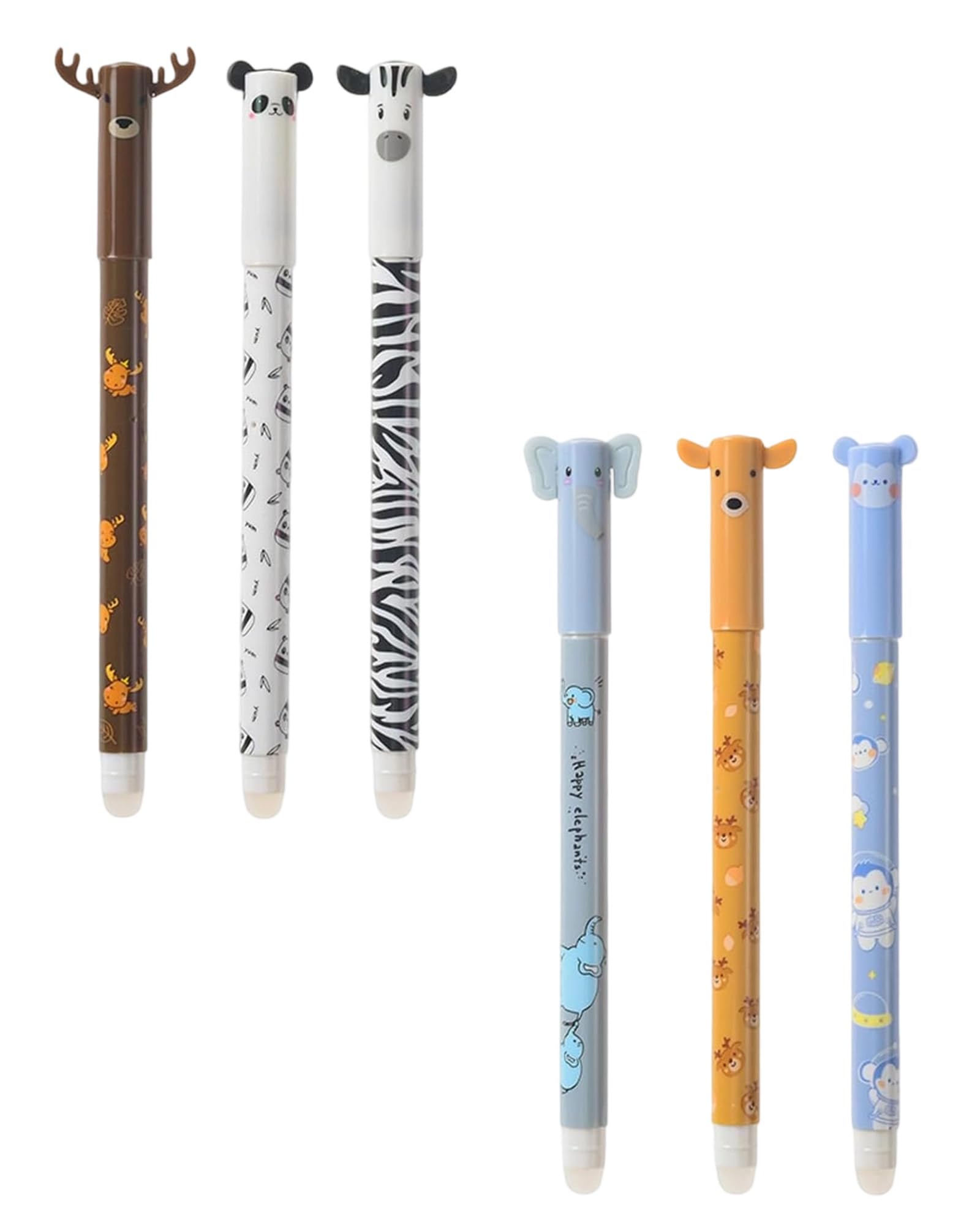Bolígrafos de Gel Borrable, 6 Piezas, punta de 0.5 mm, Bolígrafo borrable con cabeza de animal, para niños, estudiantes, Regalos(cebra, elefante, mono, alce, cervatillo, panda)