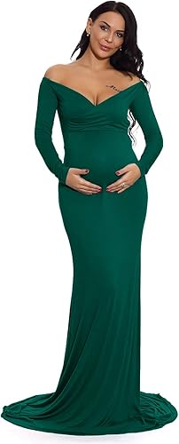 Miniatura 2 de ZIUMUDY Vestido de Maternidad con Hombros Descubiertos para Sesión de Fotos y Fotografía, Vestido de Color Sólido para Baby Shower