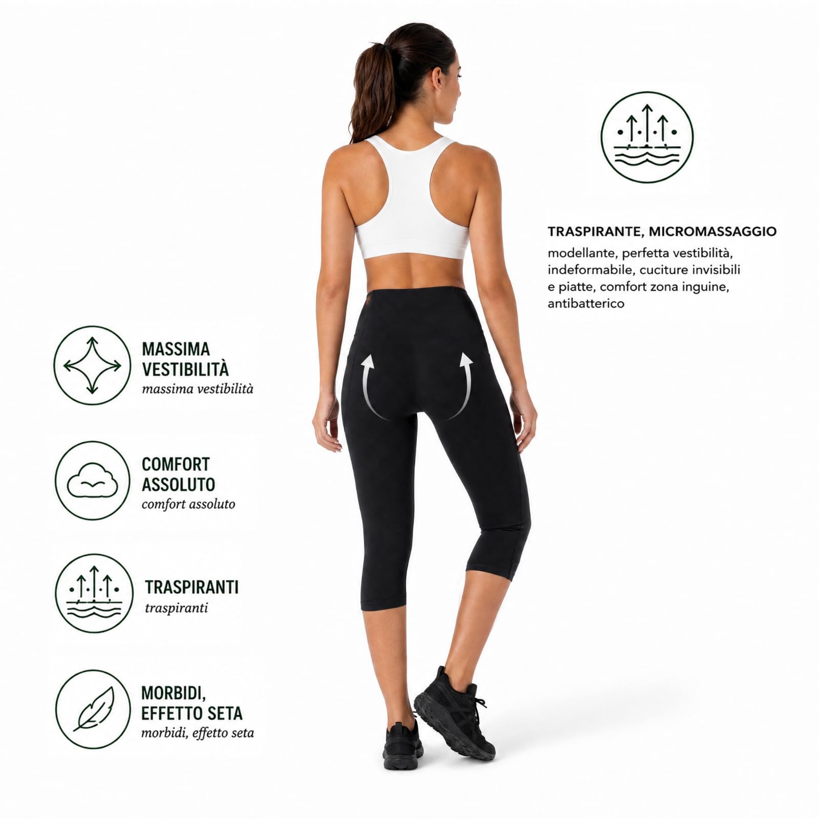 Generico Capri Push-Up Donna Nero, Leggings Modellanti Vita Alta, Pantalone Capri Elasticizzato 92% Poliammide 8% Elastan, Effetto Contenitivo, Made in Italy, Taglie S M L
