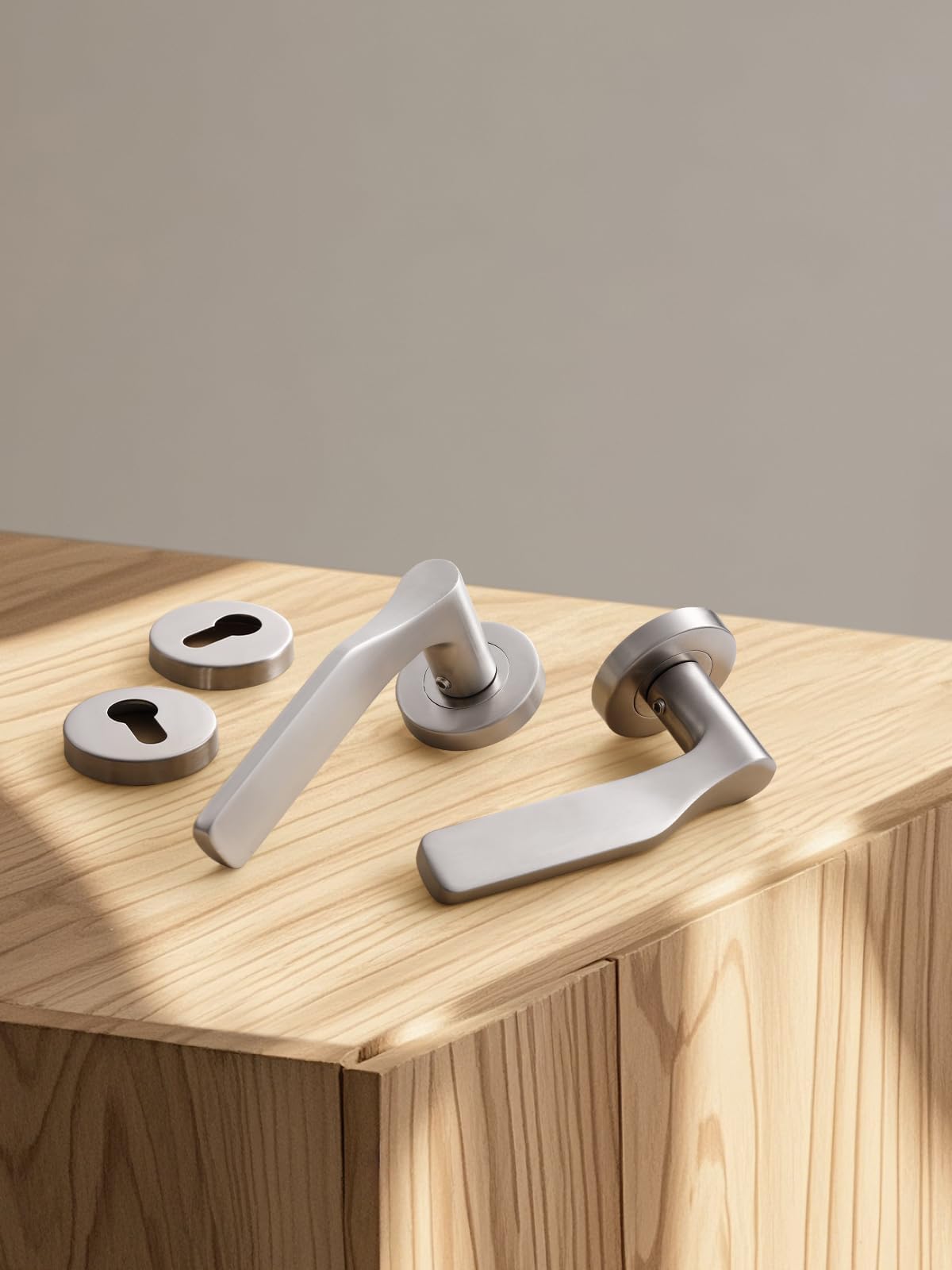SORWDUERM Nickel Door Handle Set, Matte Brushed Stainless Steel, L Shape Round Rosette PZ Profile Cylinder for Front & Interior Doors - Image 2