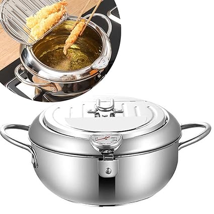 Stainless Steel Deep Fryer, 9.5 Inch Temperature Control Fryer with Lid and Oil Drip Rack, Tempura Frying Pot for Kitchen Cooking (3.2L/304)