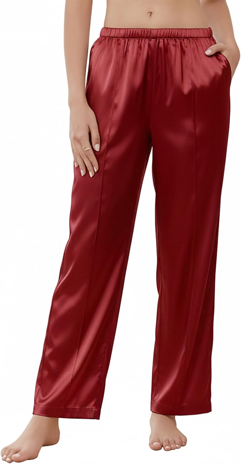 Ekouaer Women's Silk Satin Pajama Pants Wide Leg Lounge Pants for Women Elastic Waist Pj Bottoms with Side Pockets