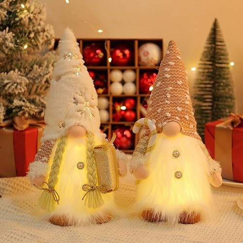 FaneSporce Juego de 2 gnomos de Navidad iluminados, hechos a mano, gnomos de Navidad de peluche con luz LED, escandinavo sueco Tomte, muñeco elfo