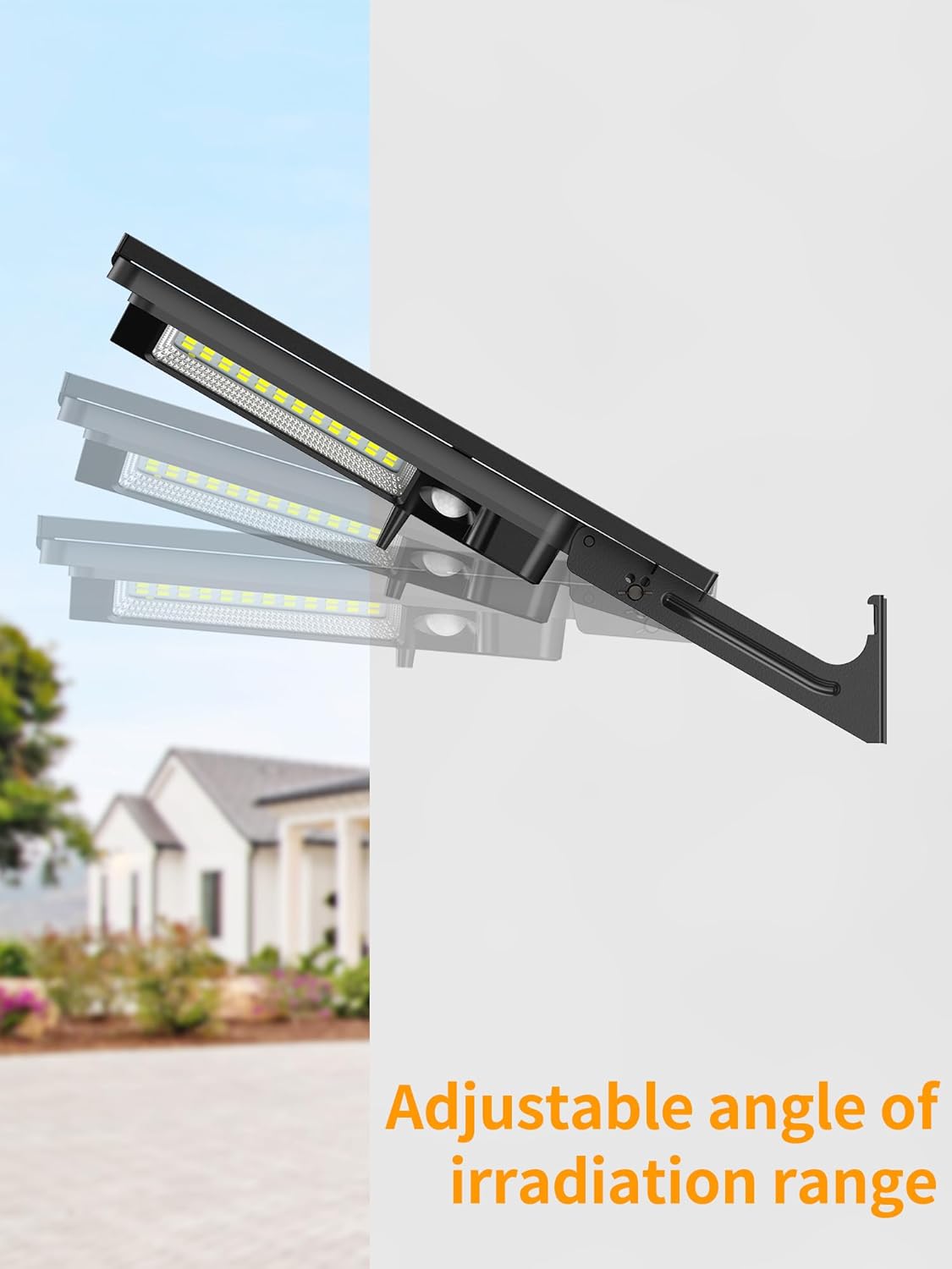 Illustration of the intelamp Solar Street Light's adjustable light heads, showing different angles of light projection.