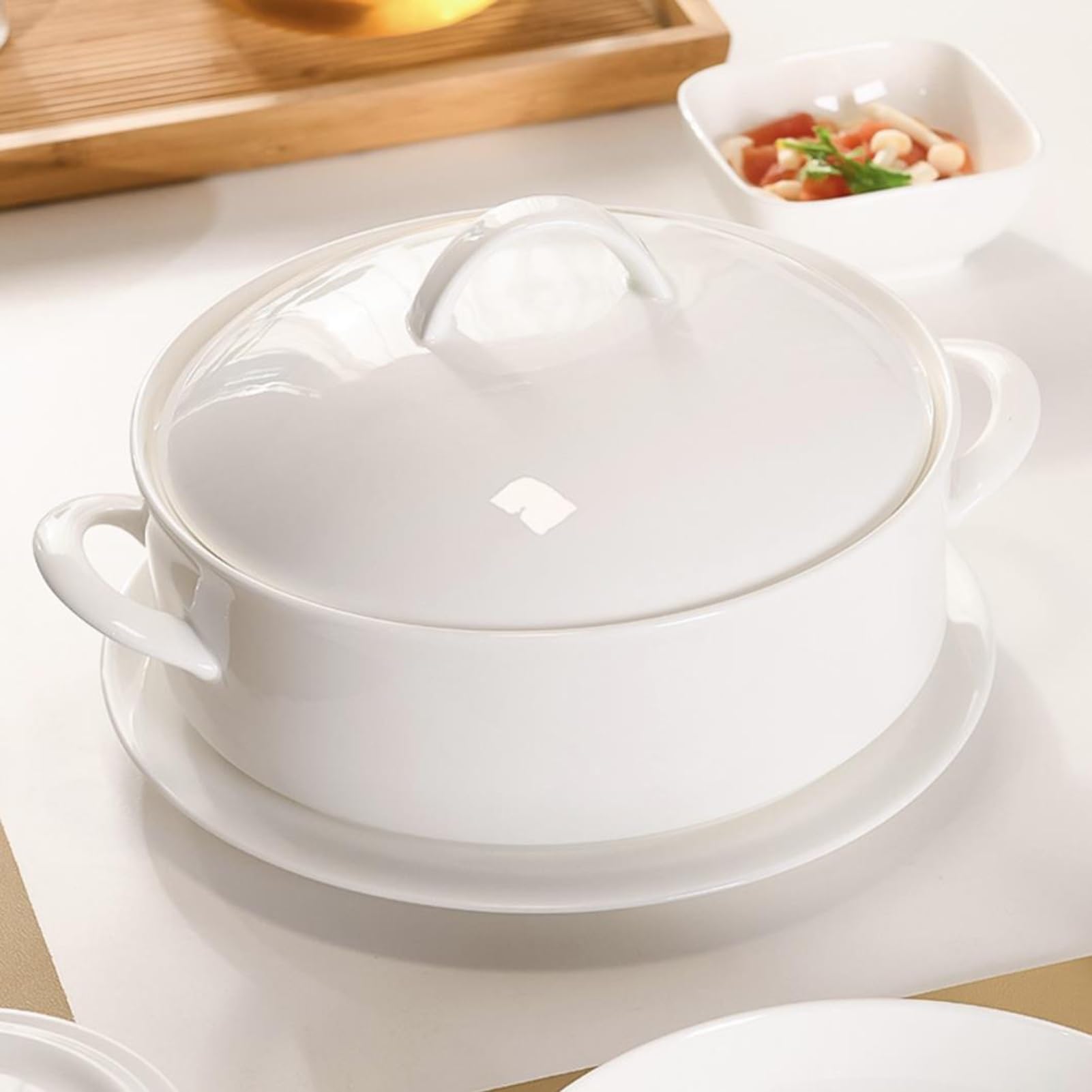Zuppiera, zuppiera in ceramica con coperchio, ciotole for zuppa bianche pure con doppi manici, porcellana, for cucina di casa e ristorante
