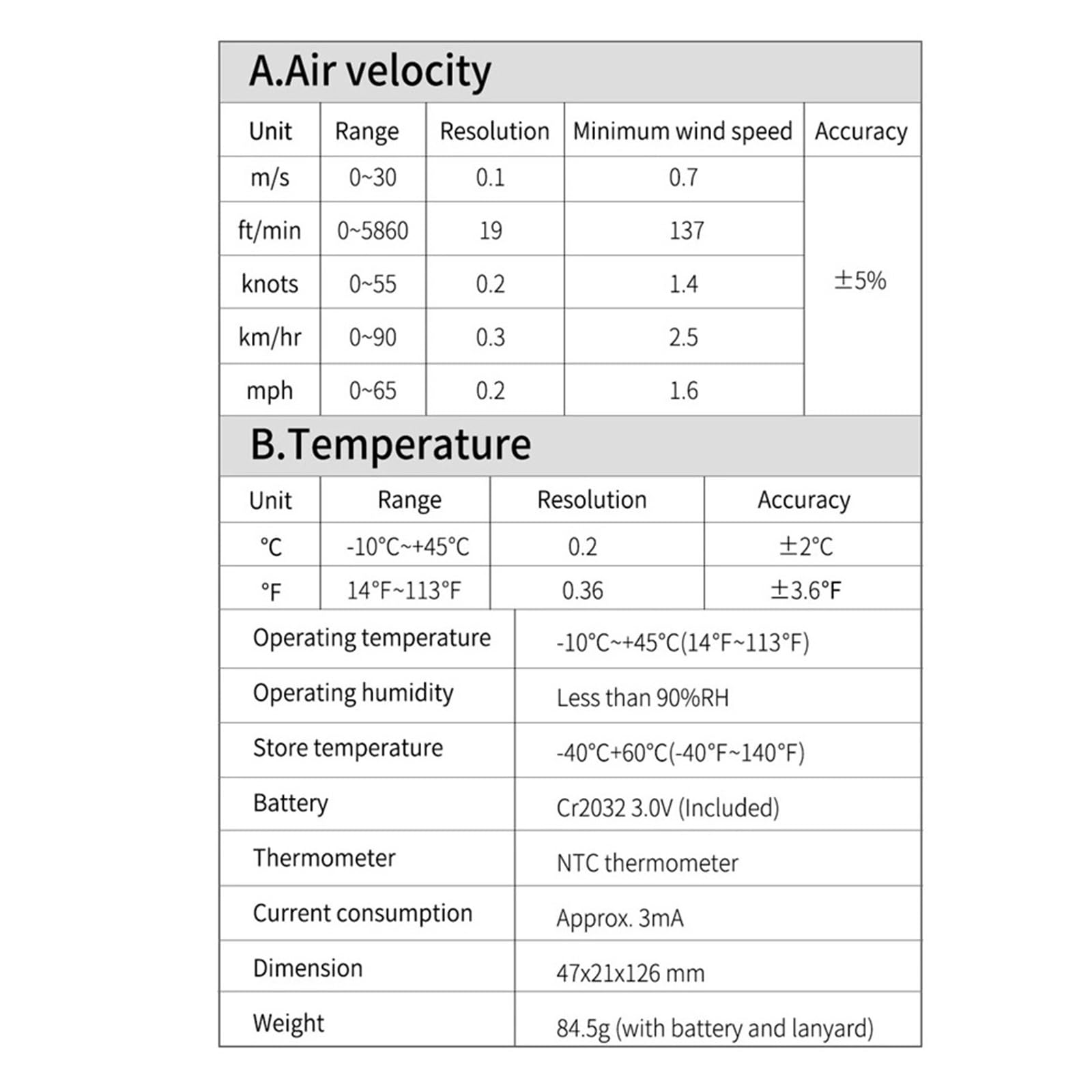 Velocidad del viento, WT816A Anemómetro digital de 30 m/s Velocidad del aire -10~45 C Temperatura del viento Velocidad Indicador de enfriamiento Medidor de medida