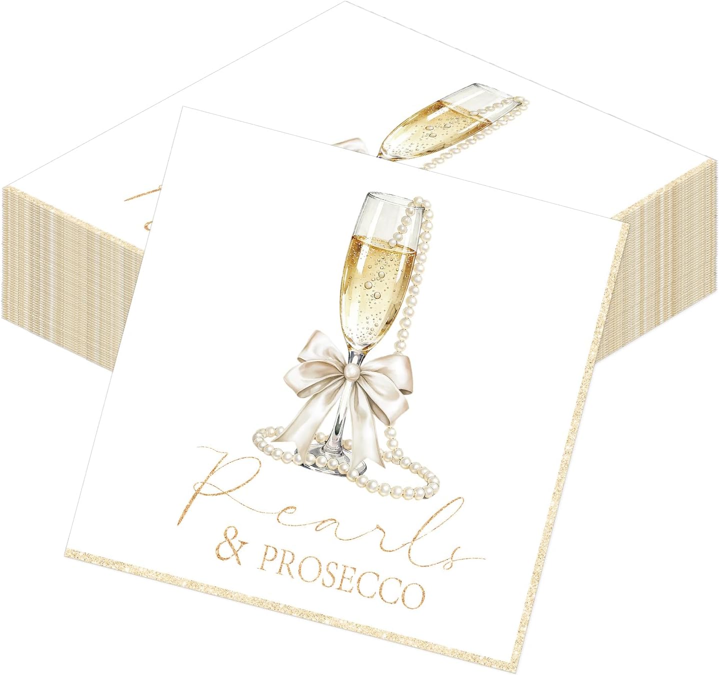 Rakuto Pearls and Prosecco Bridal Shower Decorations, 50PCS Pearls Bow Champagne Disposable Paper Napkins Party Decorations, Bows Pearls Wedding Bachelorette Bride to Be Decor Supplies