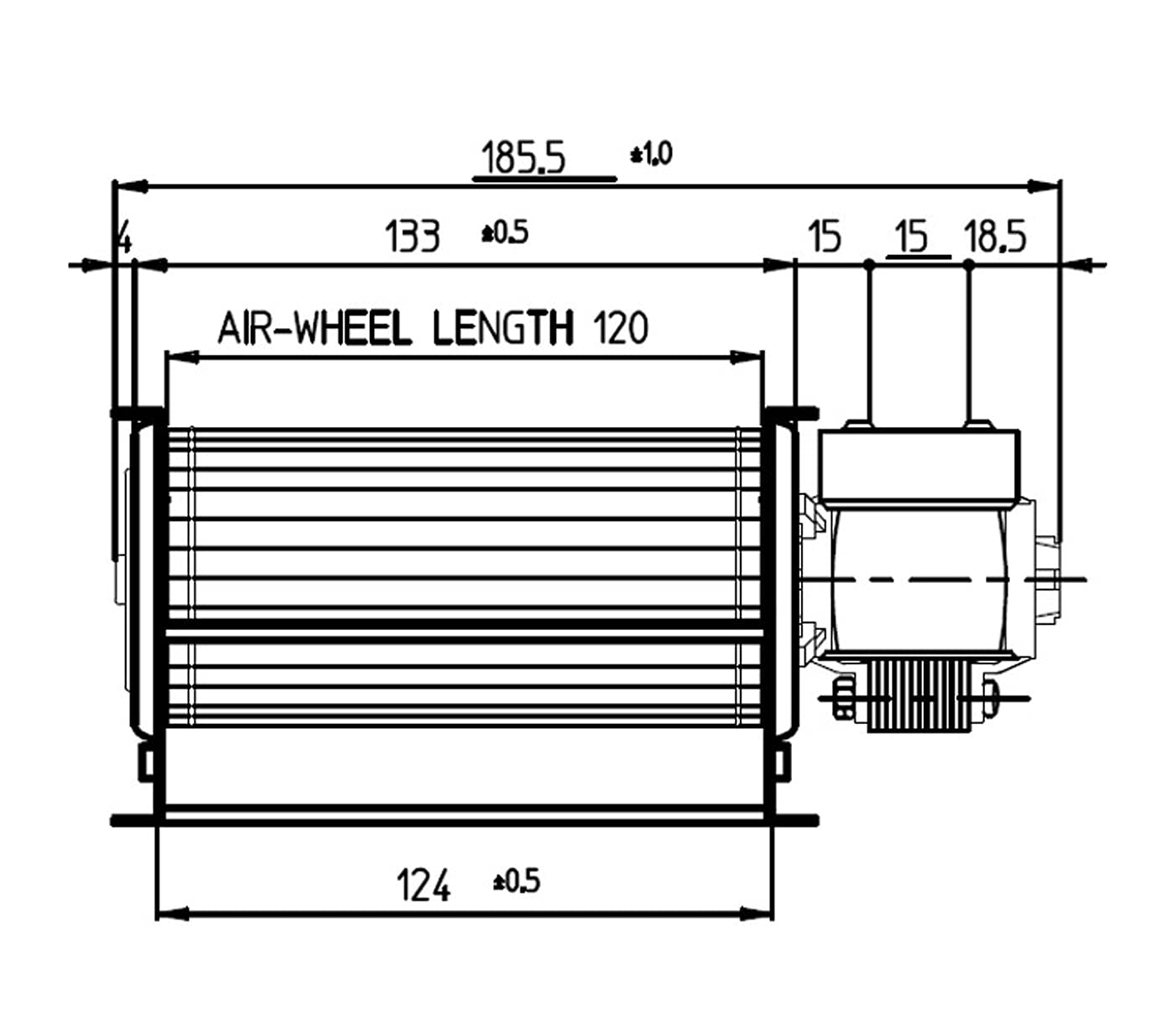 ERICAMBI, Ventilador tangencial para estufas de pellets TGA 60/1-120/15 Emmevi - Fergas 112414, diámetro del ventilador 60 mm, tamaño de la boquilla: 124 x 40 mm, longitud total 185 mm
