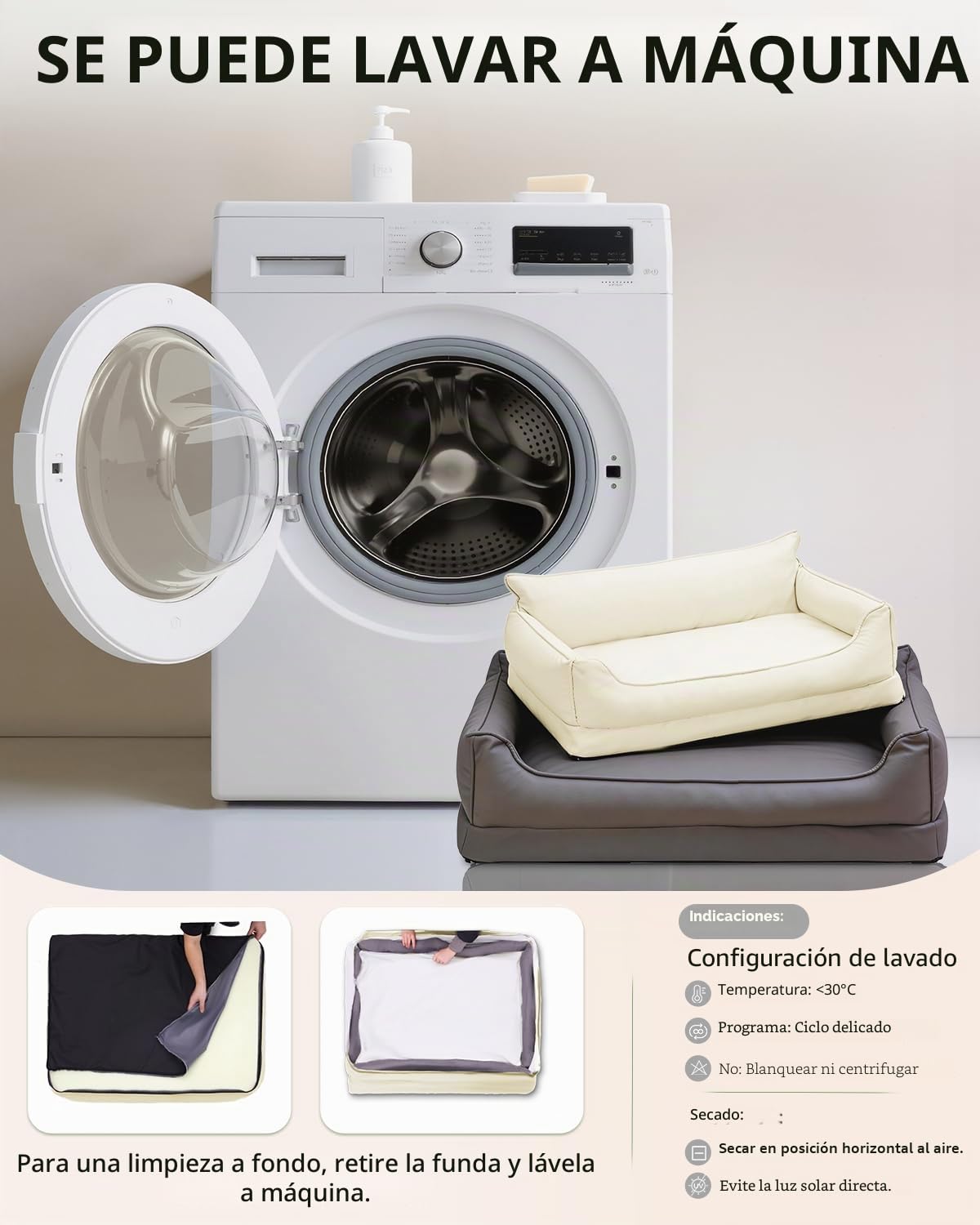 Ortopédica Cama Perro Grande–111x81cm, Beige Cuero Sintético Impermeable | Sofá Perro Desenfundable y Lavable, Cama para Perros 4 bordes altos, Colchon Perro Antideslizante