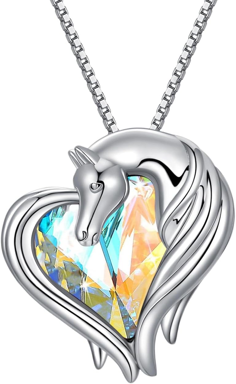 AOBOCO Horse Necklace 925 Sterling Silver Horse Lovers Heart Pendant with Crystal Animal Jewelry Gift for Women