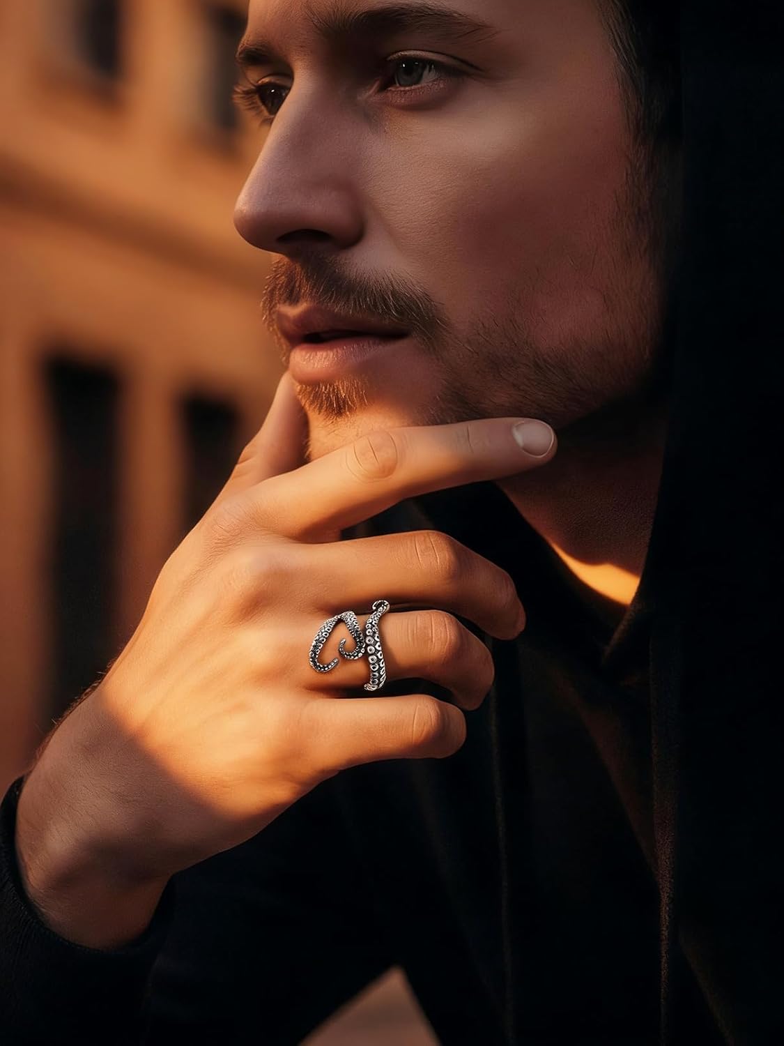 FaithHeart Punk Animals Rings for Men, Gothic Viking Raven/Octopus Stainless Steel Ring Cool Statement Rings with Gift Box
