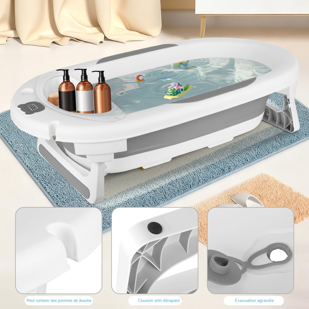 Bañera de bebé plegable con termómetro integrado, baño cómodo con soporte de almacenamiento, ideal para ducha, fácil de limpiar, incluye colchón y gorro de baño (gris)